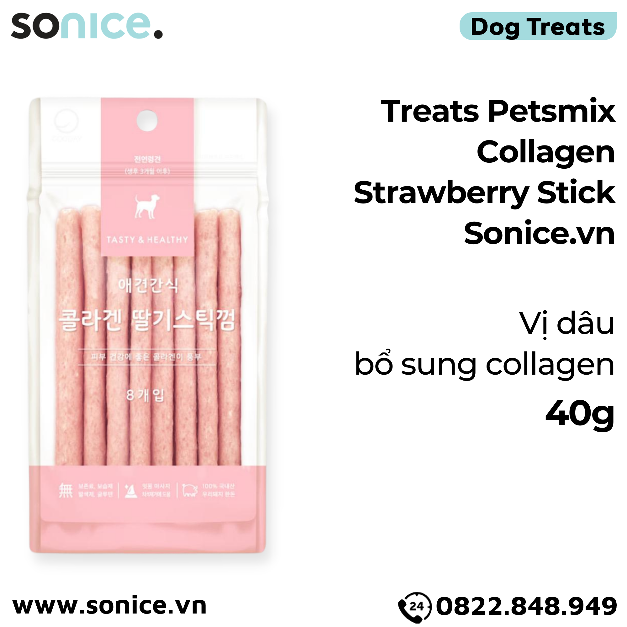  Treats Petsmix Collagen Strawberry Stick 40g - Vị dâu, bổ sung collagen SONICE. 