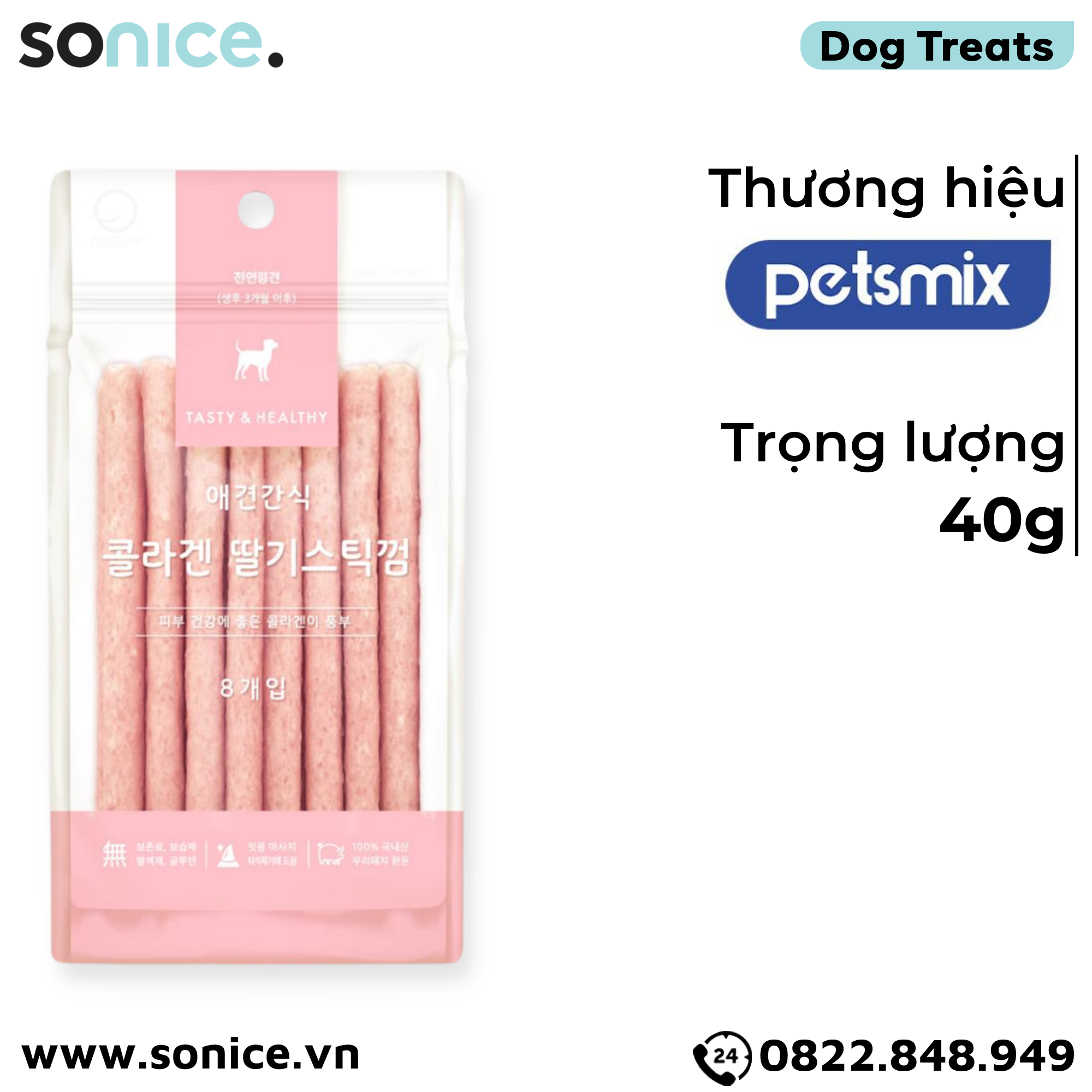 Treats Petsmix Collagen Strawberry Stick 40g - Vị dâu, bổ sung collagen SONICE.