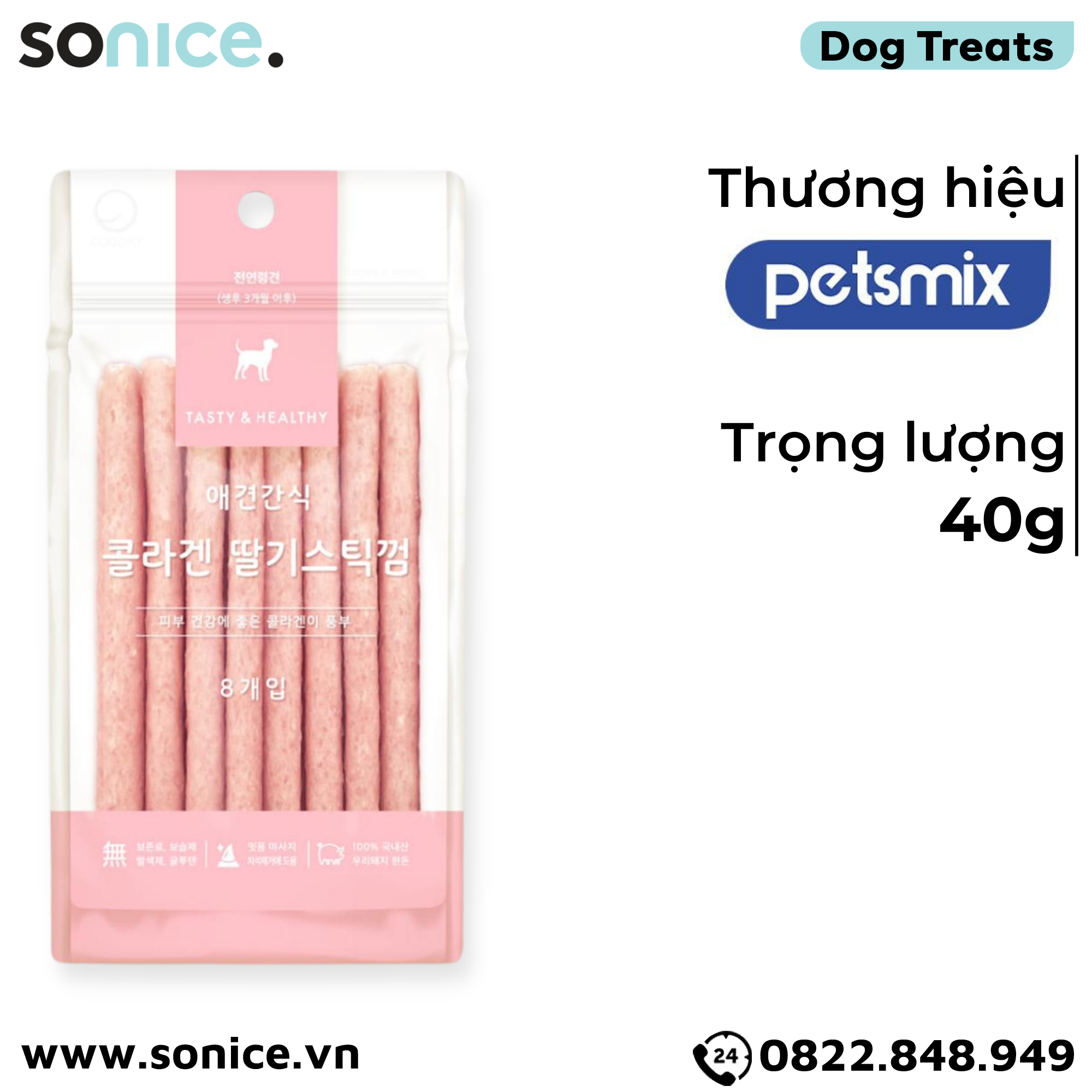  Treats Petsmix Collagen Strawberry Stick 40g - Vị dâu, bổ sung collagen SONICE. 