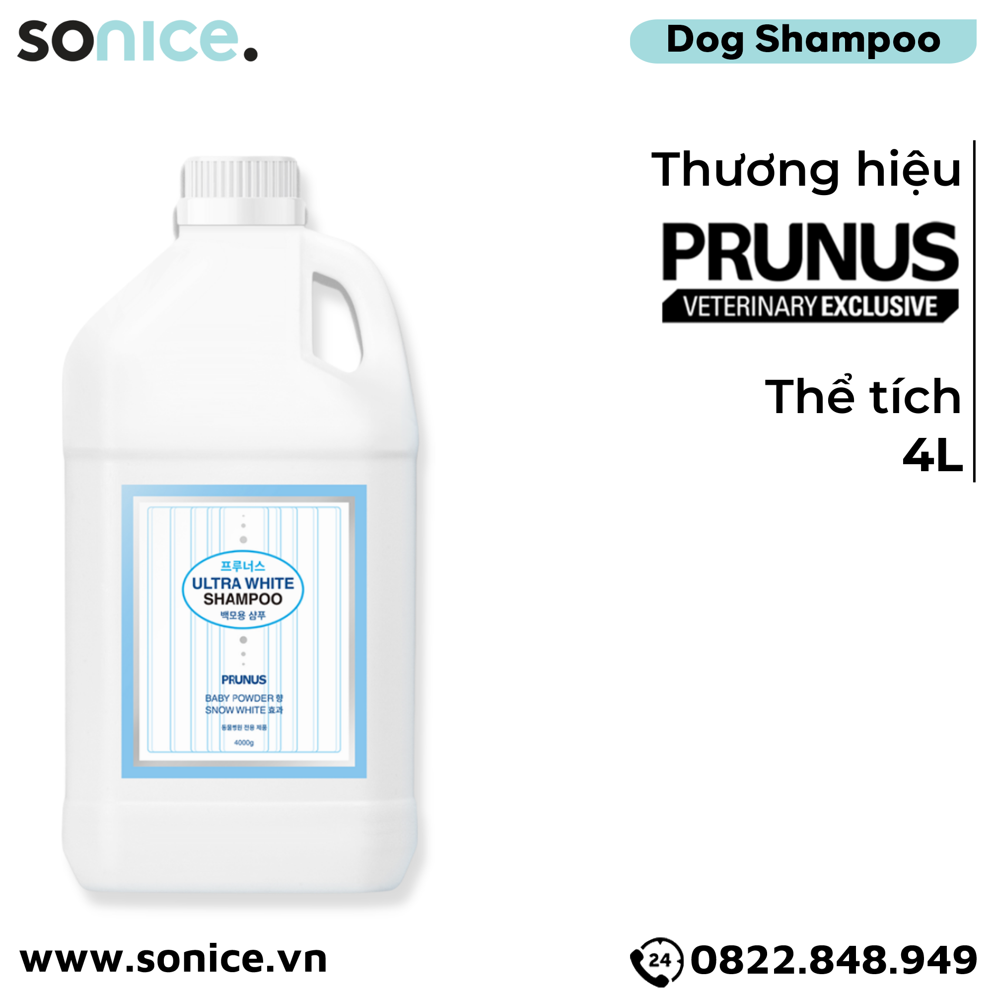Sữa tắm Prunus Ultra White 4L - Làm trắng bộ lông SONICE.