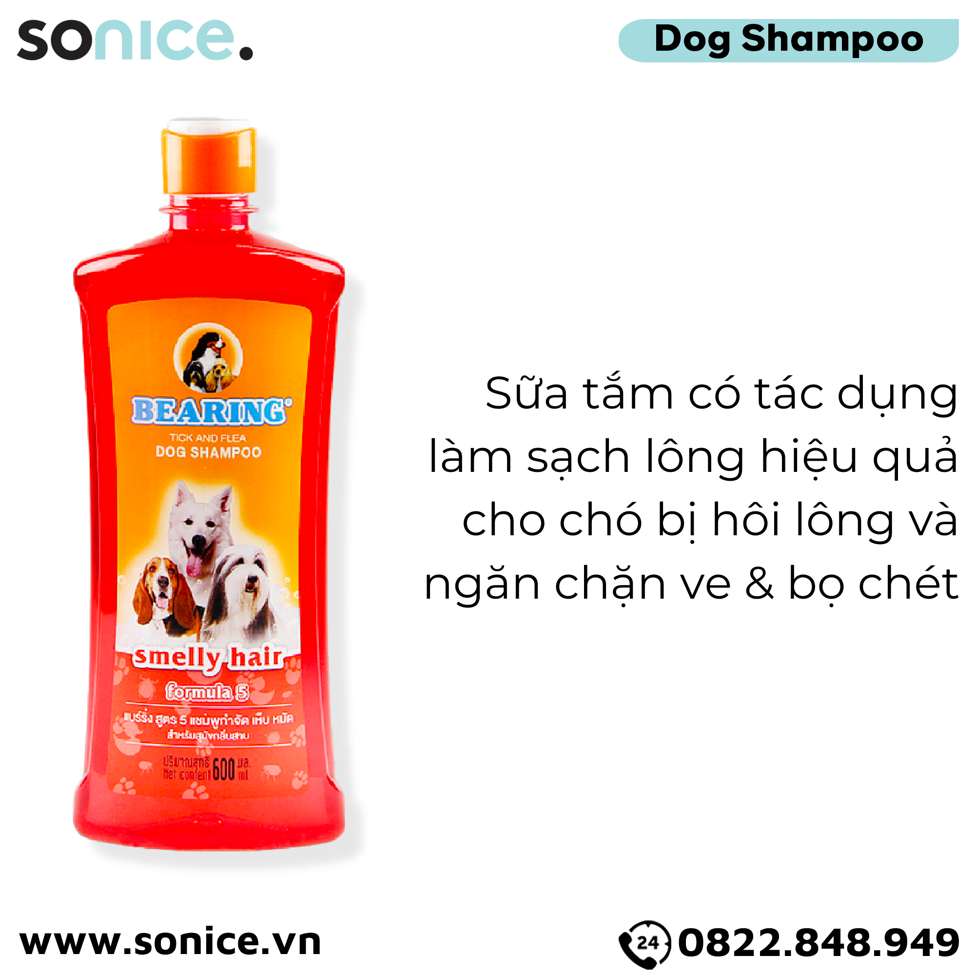 Sữa tắm trị ve BEARING Smelly Hair 600ml - Dành cho chó hôi lông nhập Thái Lan SONICE.
