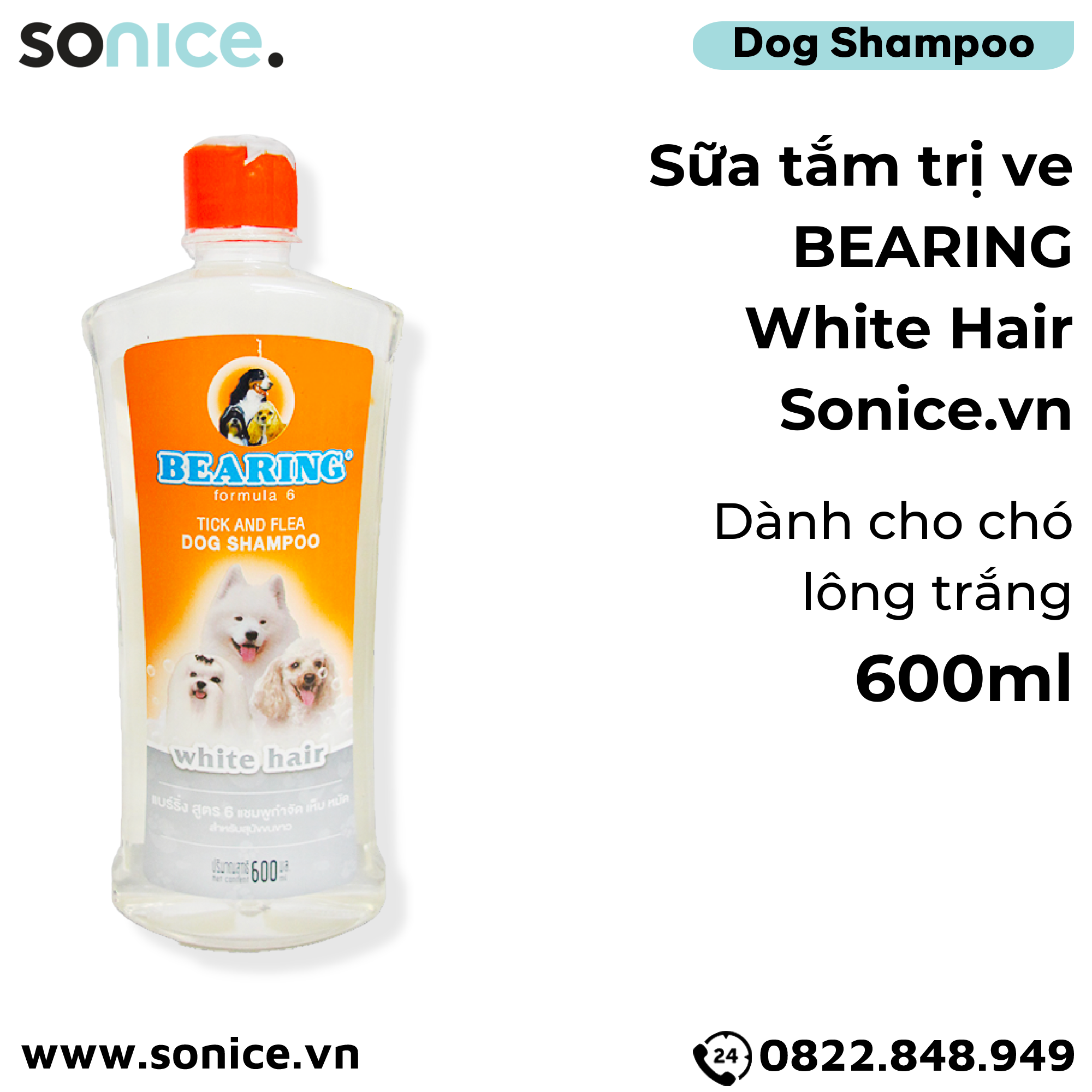 Sữa tắm trị ve BEARING White Hair 600ml - Dành cho chó lông trắng nhập Thái Lan SONICE.
