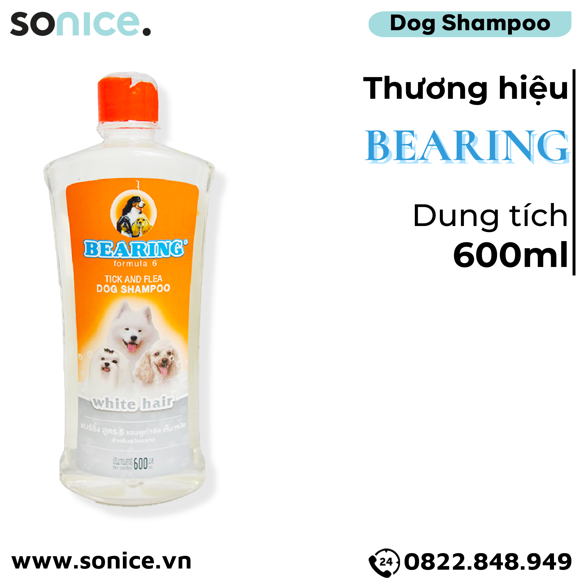Sữa tắm trị ve BEARING White Hair 600ml - Dành cho chó lông trắng nhập Thái Lan SONICE.
