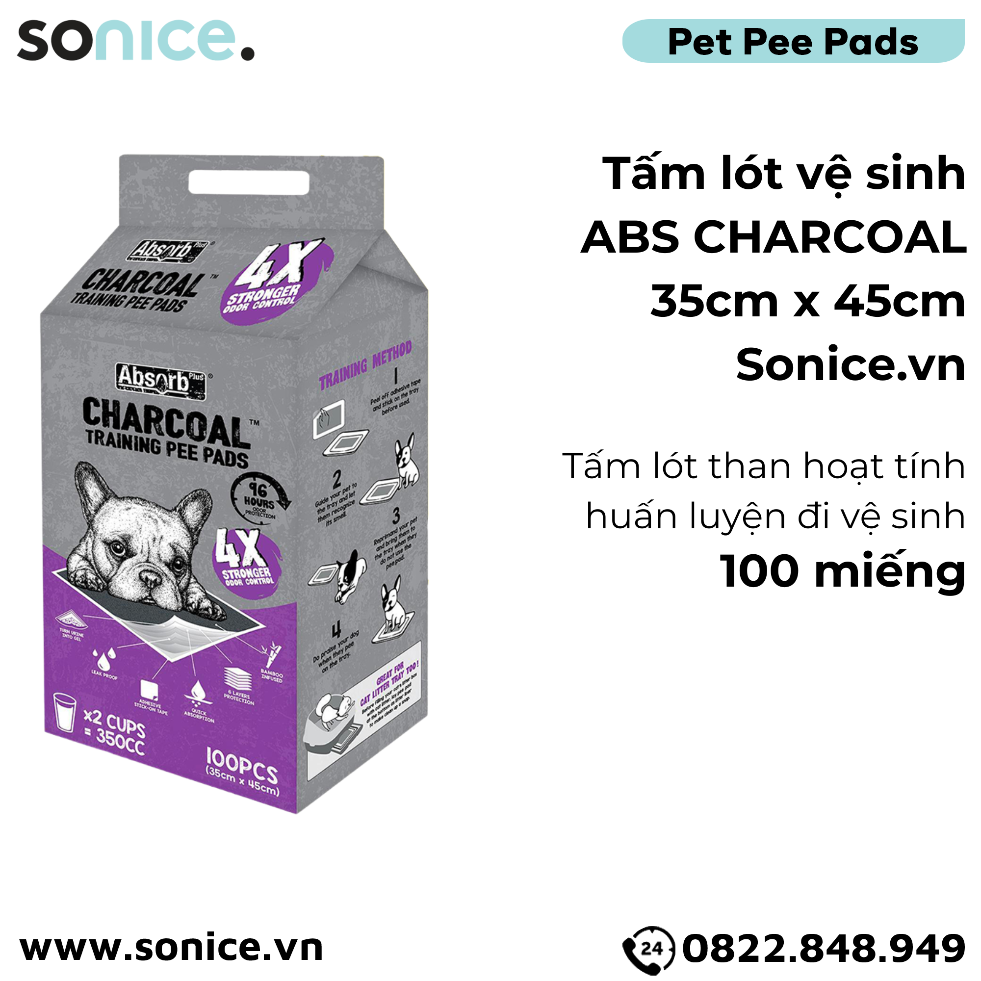  Tấm lót vệ sinh ABS CHARCOAL 35x45cm - 100 tấm than hoạt tính huấn luyện Pee Pads SONICE. 