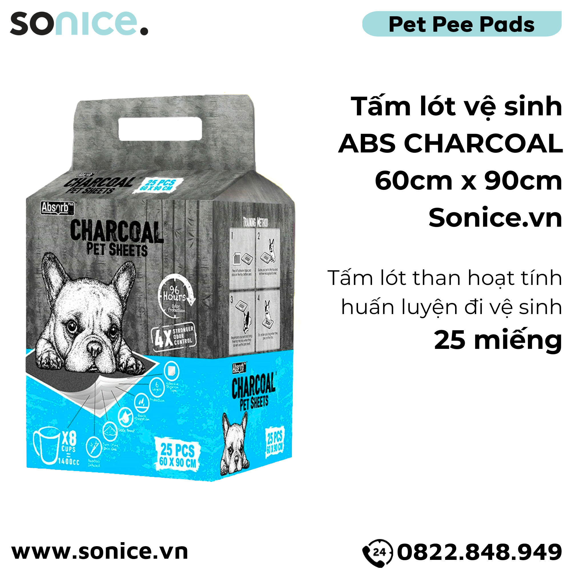 Tấm lót vệ sinh ABS CHARCOAL 60x90cm - 25 tấm than hoạt tính huấn luyện Pee Pads SONICE.
