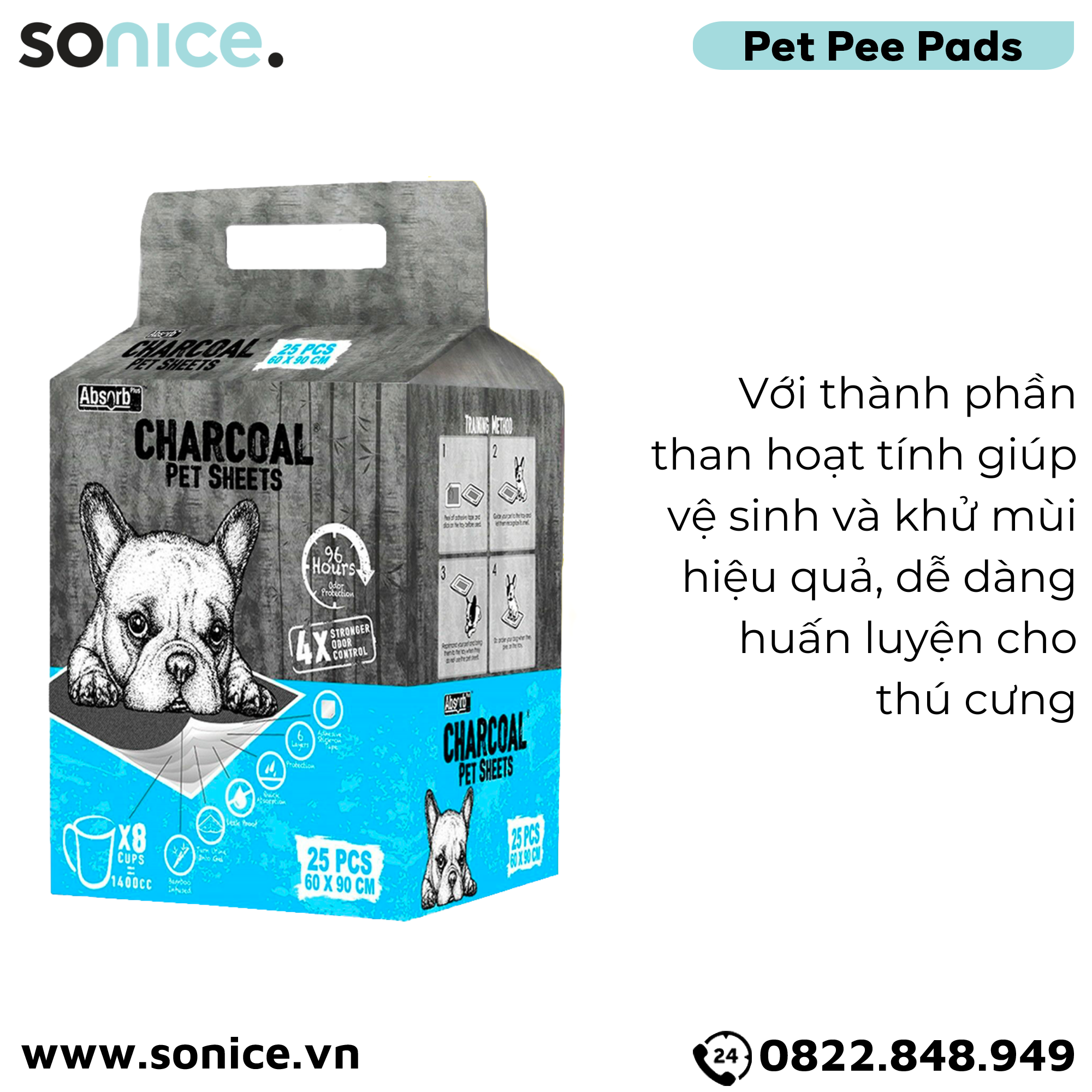 Tấm lót vệ sinh ABS CHARCOAL 60x90cm - 25 tấm than hoạt tính huấn luyện Pee Pads SONICE.