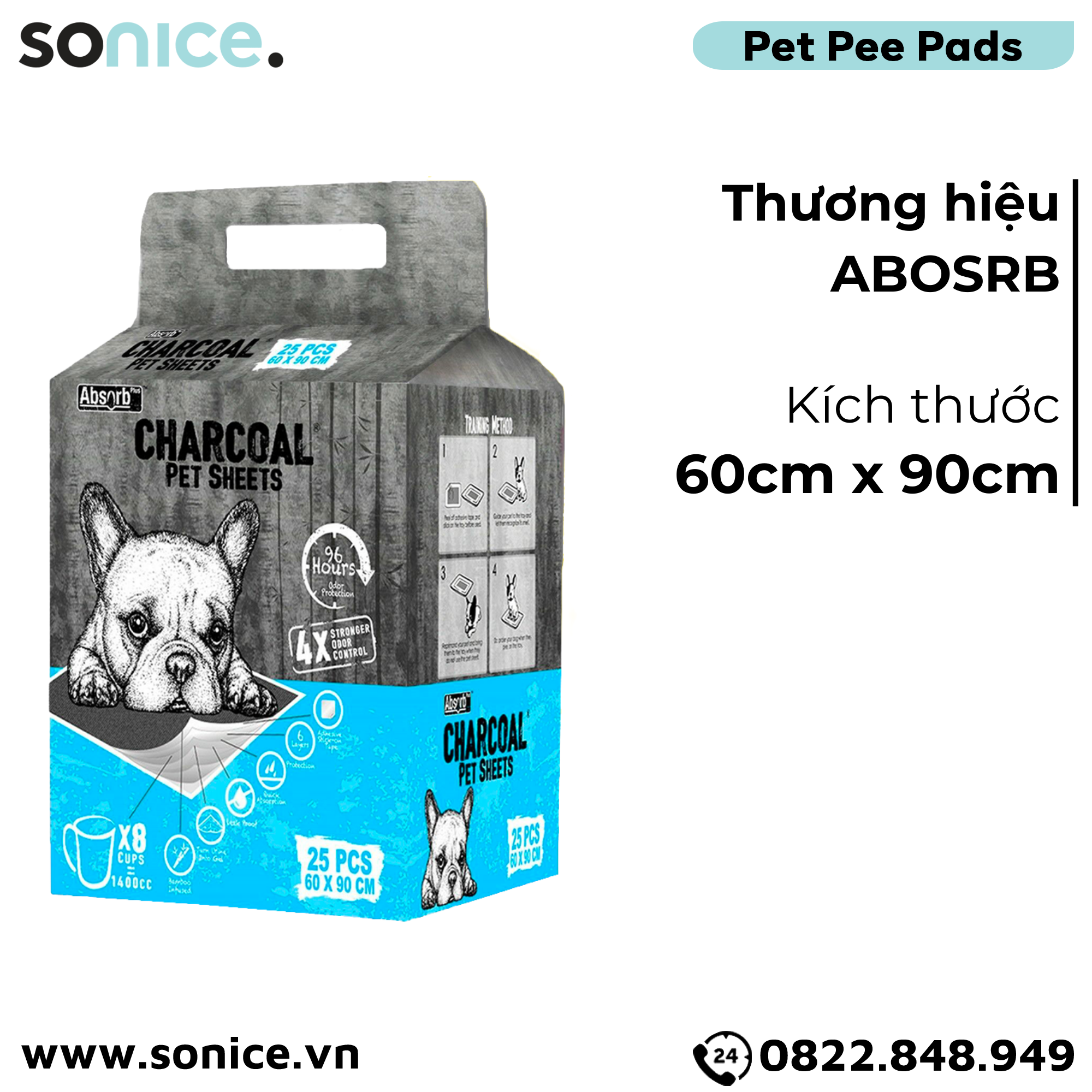 Tấm lót vệ sinh ABS CHARCOAL 60x90cm - 25 tấm than hoạt tính huấn luyện Pee Pads SONICE.
