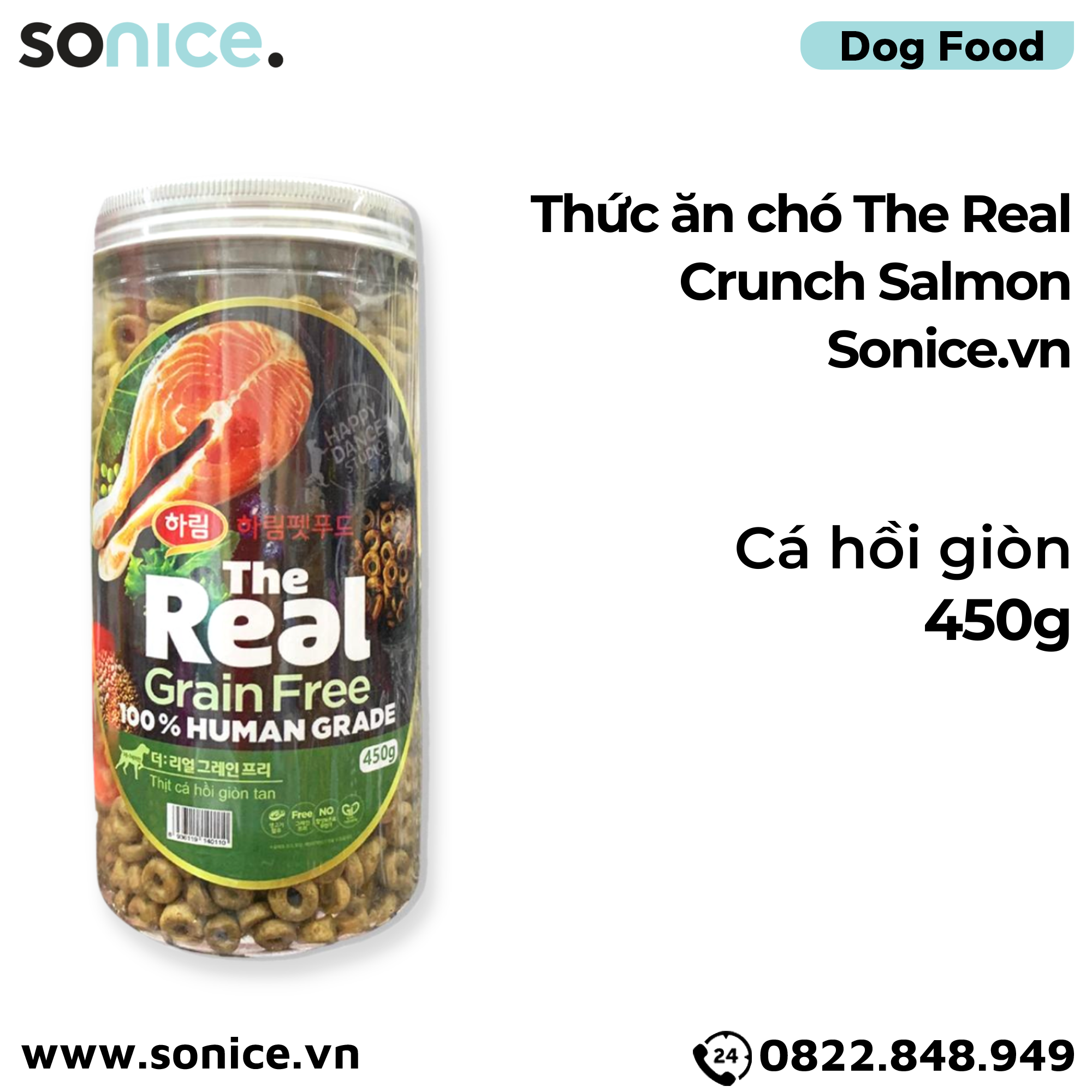 Thức ăn chó The Real Crunch Salmon hộp 450g - Cá hồi giòn SONICE.