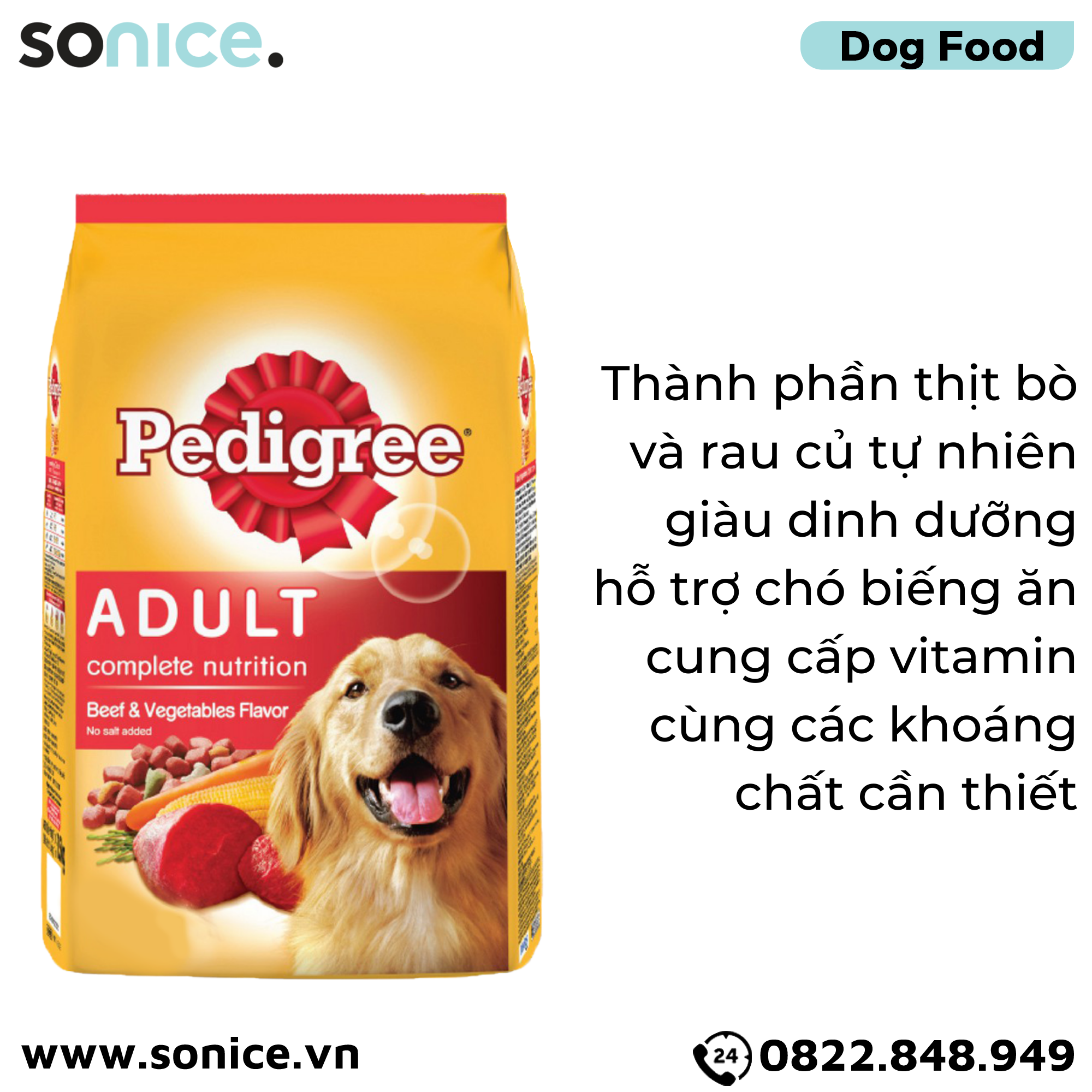  Thức ăn cho chó lớn PEDIGREE 3kg - vị Bò và Rau củ SONICE. 