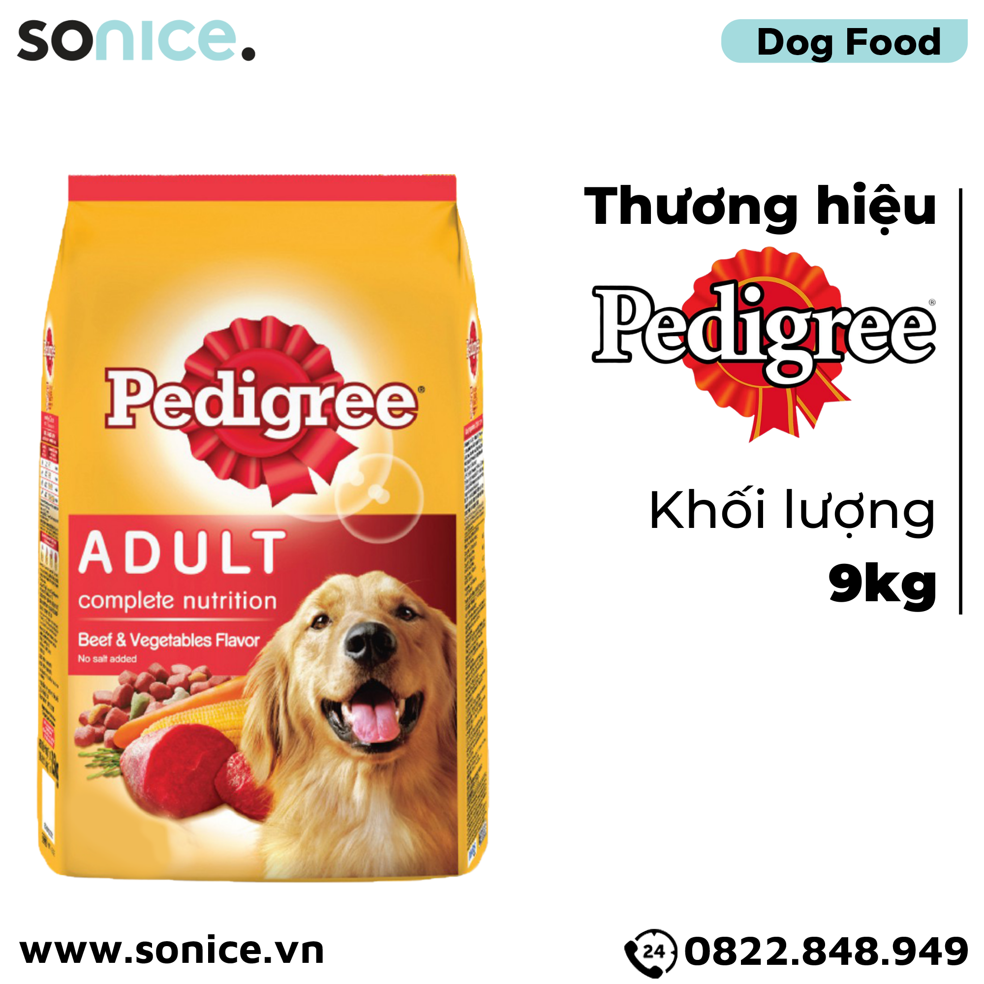 Thức ăn cho chó lớn PEDIGREE 9kg - vị Bò và Rau củ SONICE.