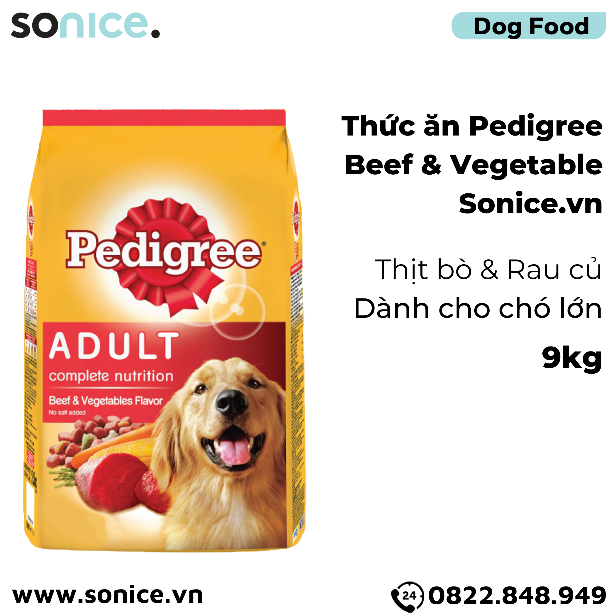 Thức ăn cho chó lớn PEDIGREE 9kg - vị Bò và Rau củ SONICE.