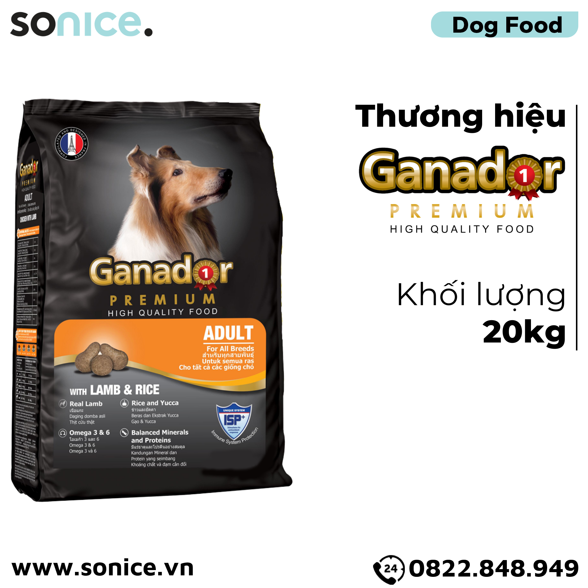 Thức ăn chó GANADOR Adult 20kg - Lamb & rice SONICE.