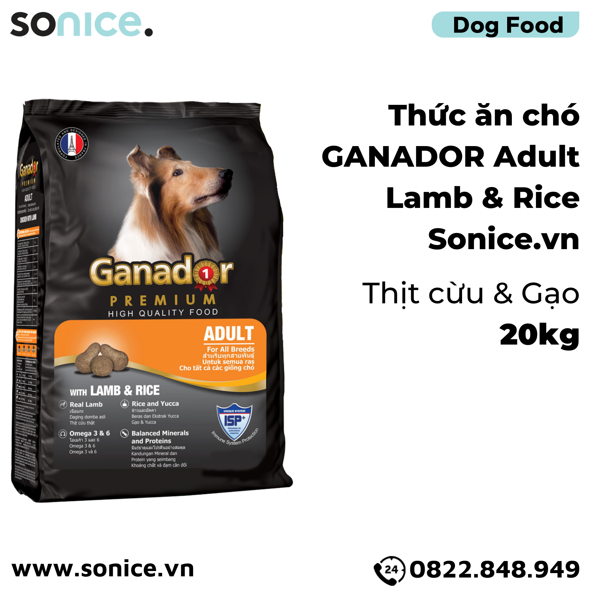 Thức ăn chó GANADOR Adult 20kg - Lamb & rice SONICE.