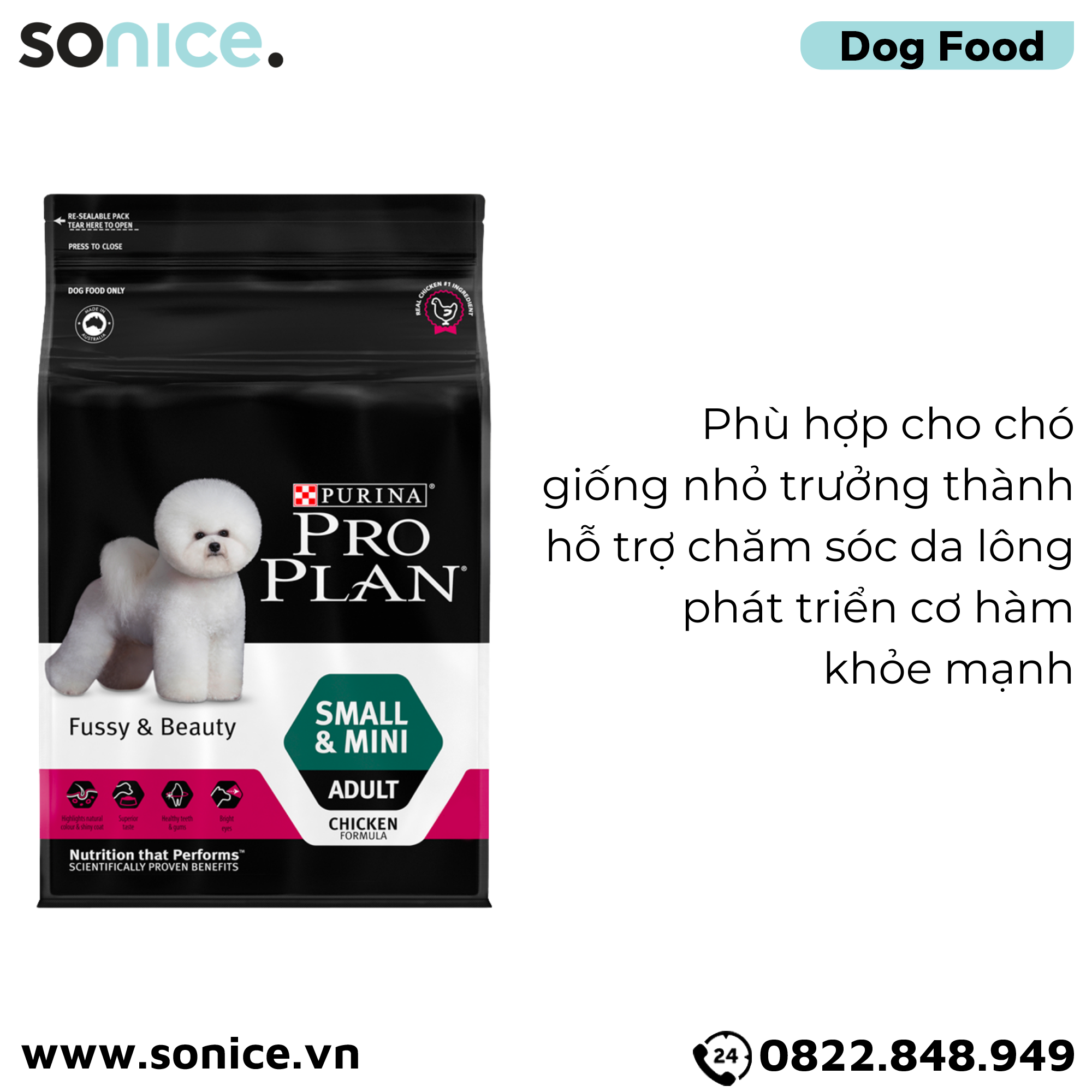Thức ăn chó Purina PRO PLAN Small Mini Adult Fussy Beauty 7kg - chăm sóc da lông chó giống nhỏ SONICE.