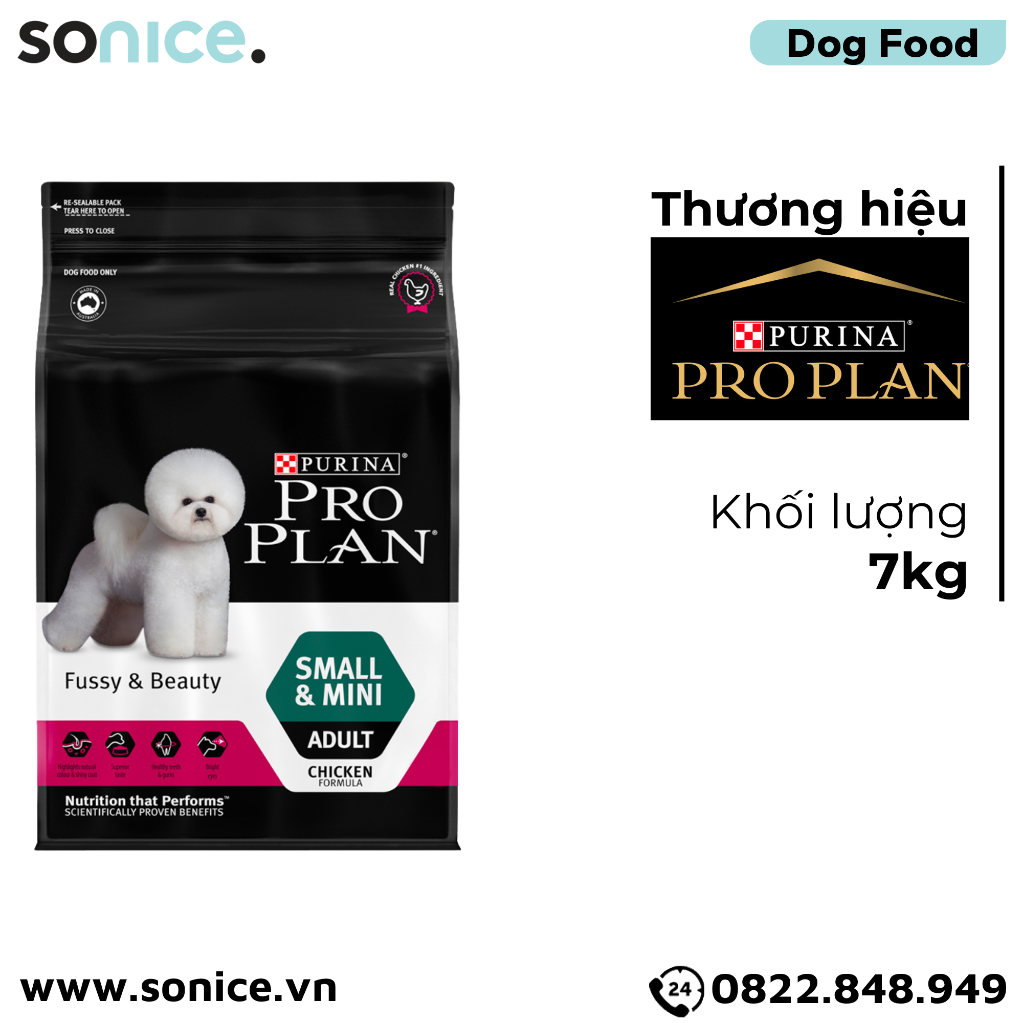 Thức ăn chó Purina PRO PLAN Small Mini Adult Fussy Beauty 7kg - chăm sóc da lông chó giống nhỏ SONICE.
