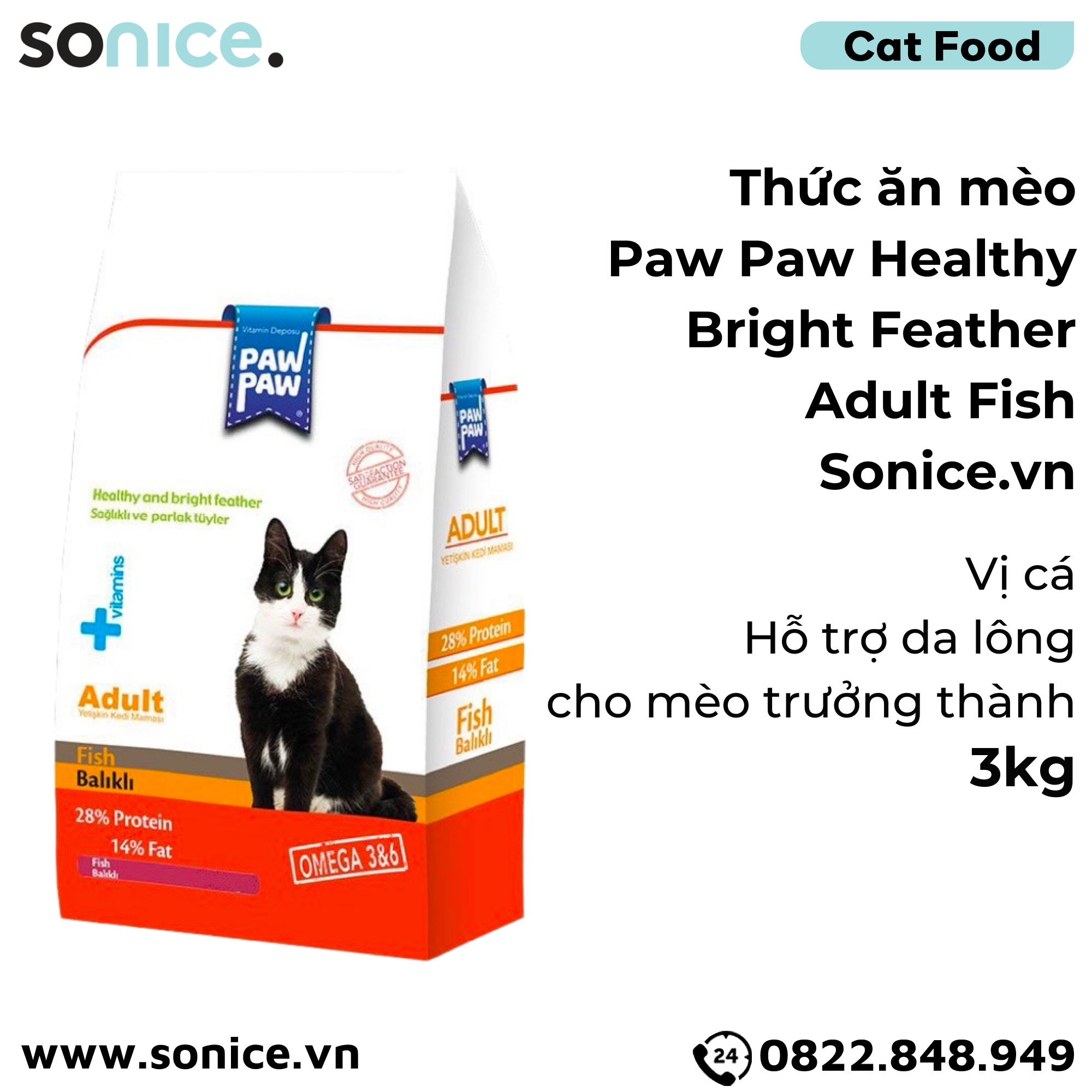 Thức ăn mèo Paw Paw Healthy and Bright Feather Adult Fish 3kg - Vị cá - Hỗ trợ dưỡng da lông cho mèo trưởng thành SONICE.