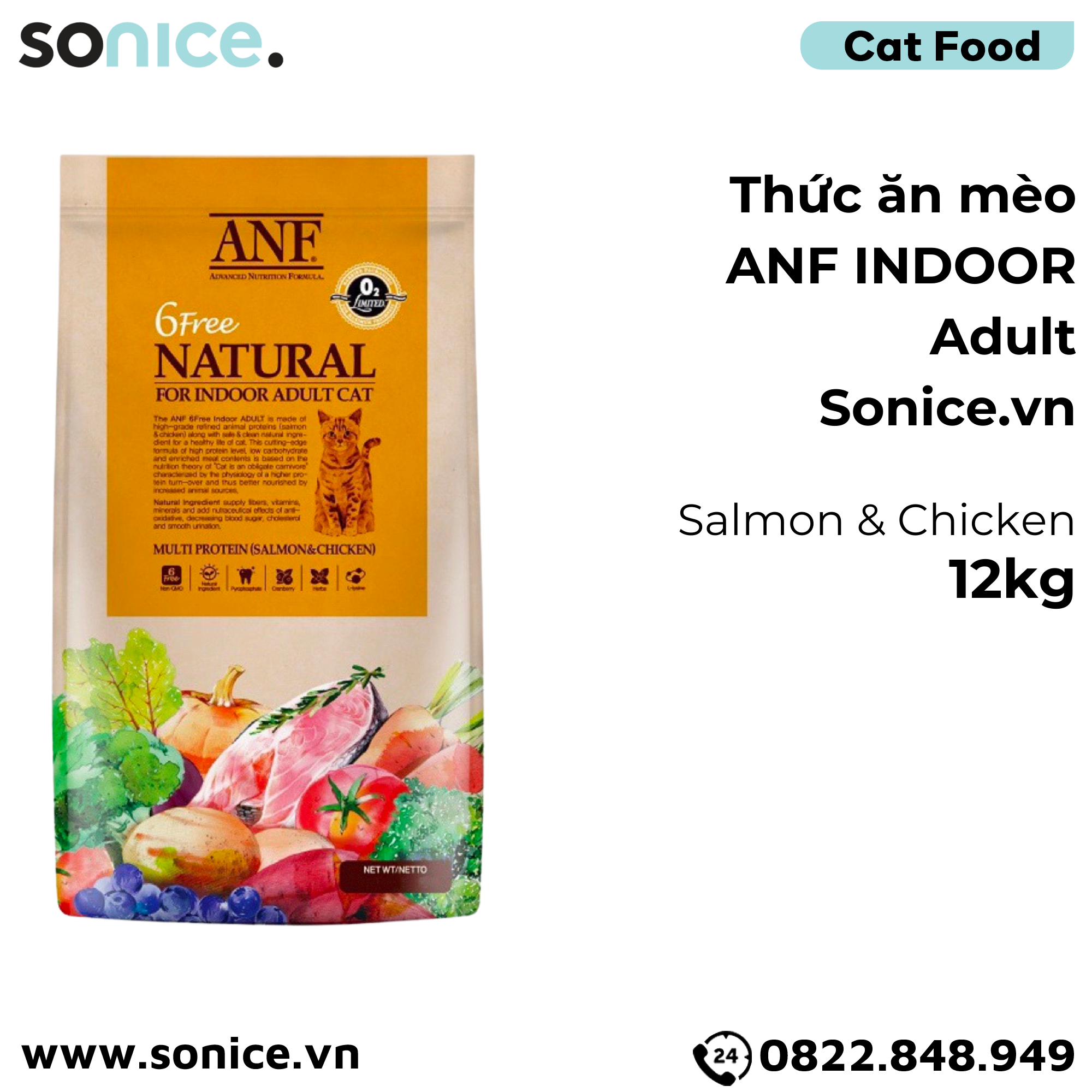 Thức ăn mèo ANF Indoor Adult 12kg - Salmon & Chicken SONICE.