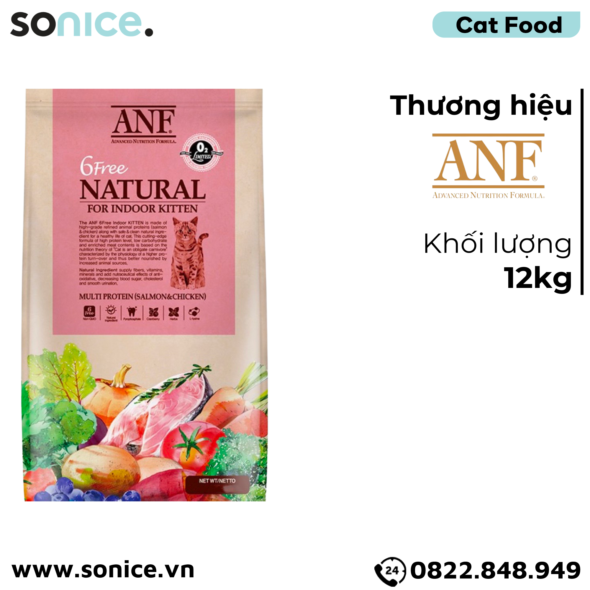 Thức ăn mèo ANF Indoor Kitten 12kg - Salmon & Chicken SONICE.