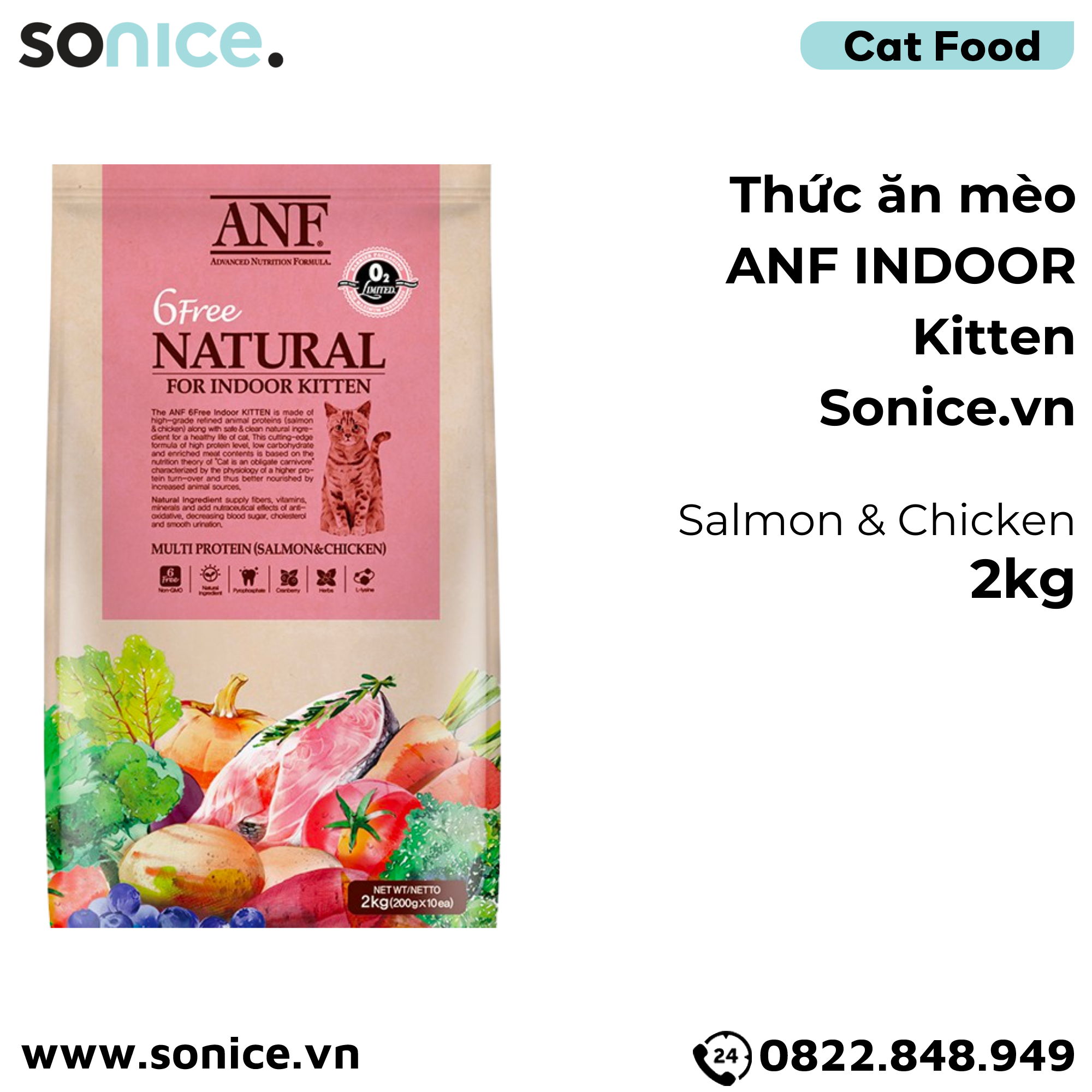 Thức ăn mèo ANF Indoor Kitten 2kg - Salmon & Chicken SONICE