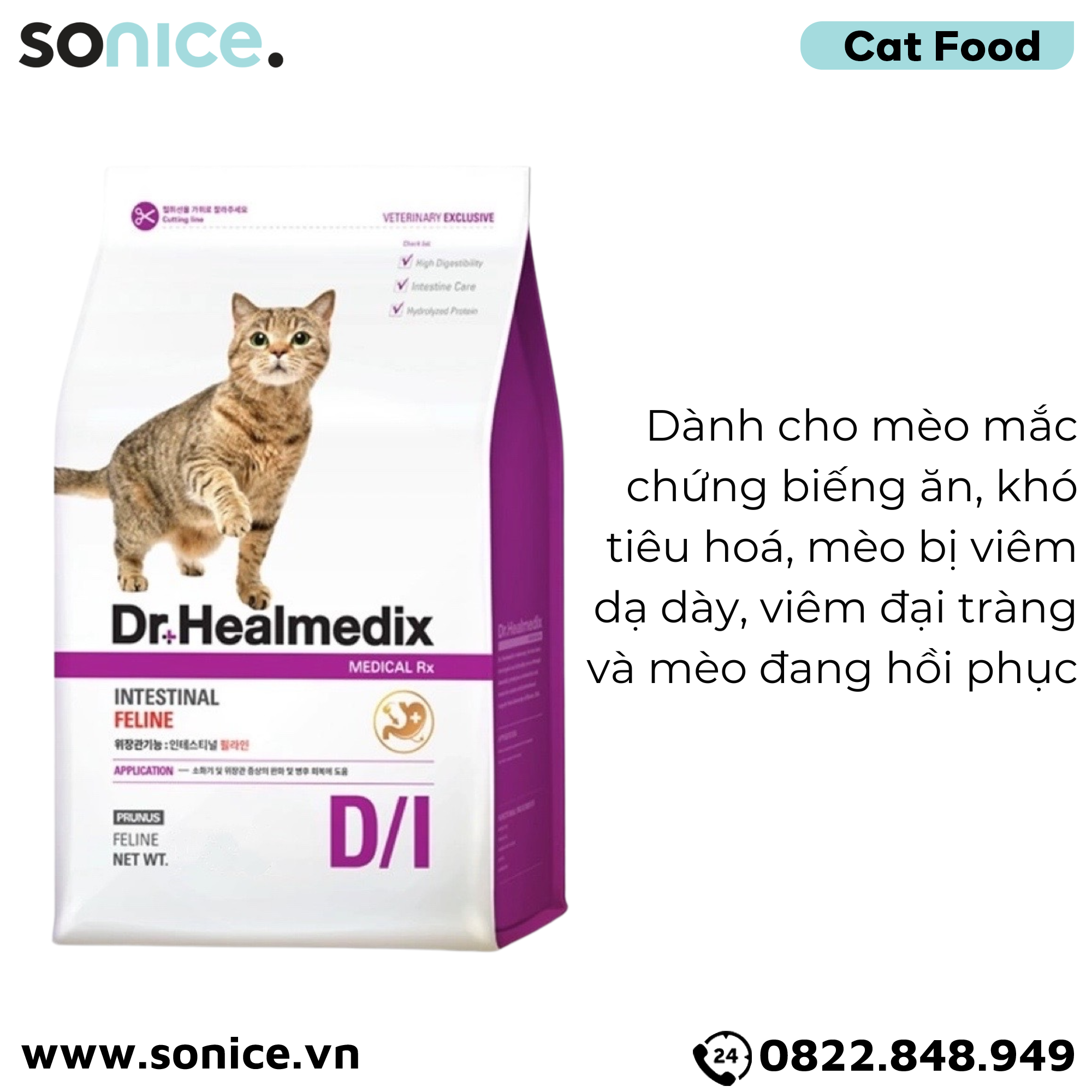 Thức ăn mèo Dr.Healmedix Intestinal Feline D/I 1.5kg - Hỗ trợ đường ruột SONICE.