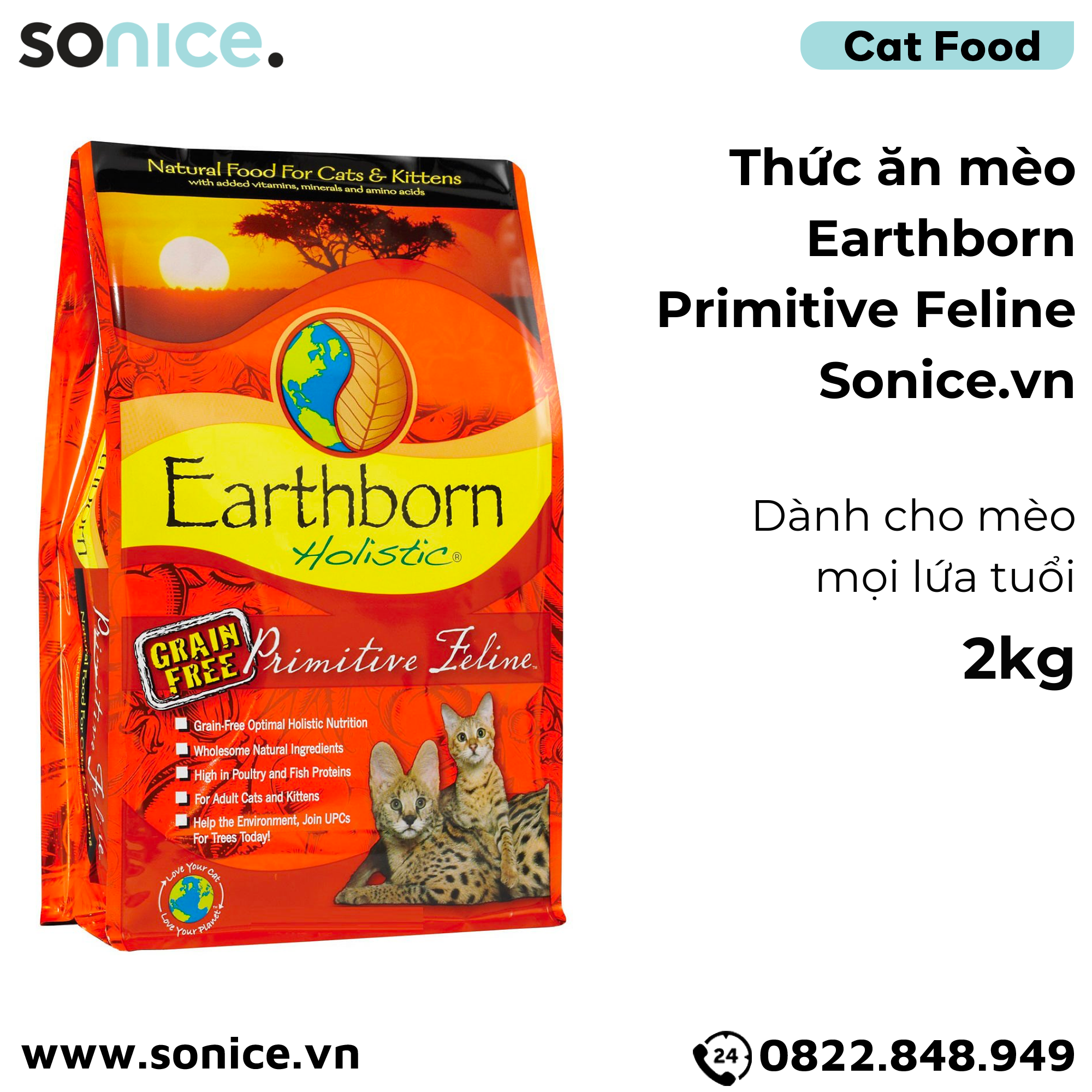 Thức ăn mèo Earthborn Primitive Feline - 2kg dành cho mọi lứa tuổi SONICE.