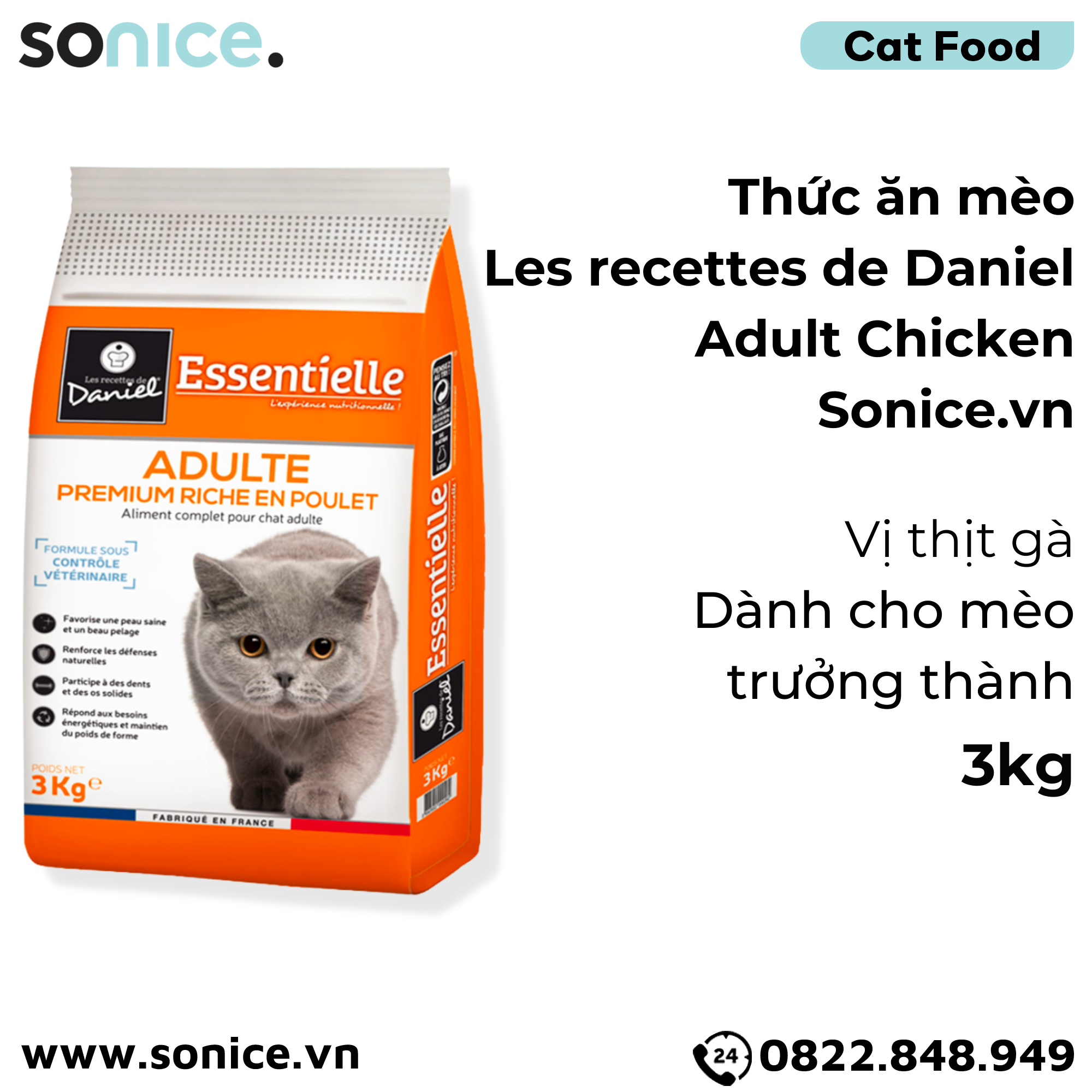 Thức ăn mèo Les recettes de Daniel Adult Chicken 3kg - Dành cho mèo trưởng thành, vị thịt gà SONICE.