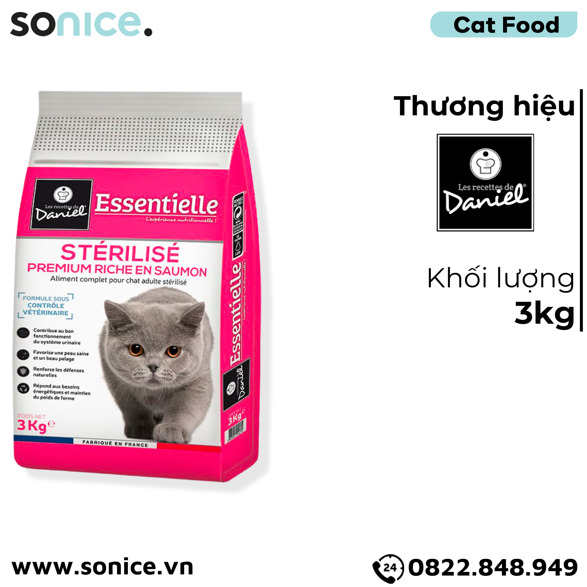 Thức ăn mèo Les recettes de Daniel Sterilised Salmon 3kg - Dành cho mèo triệt sản, vị cá hồi SONICE.
