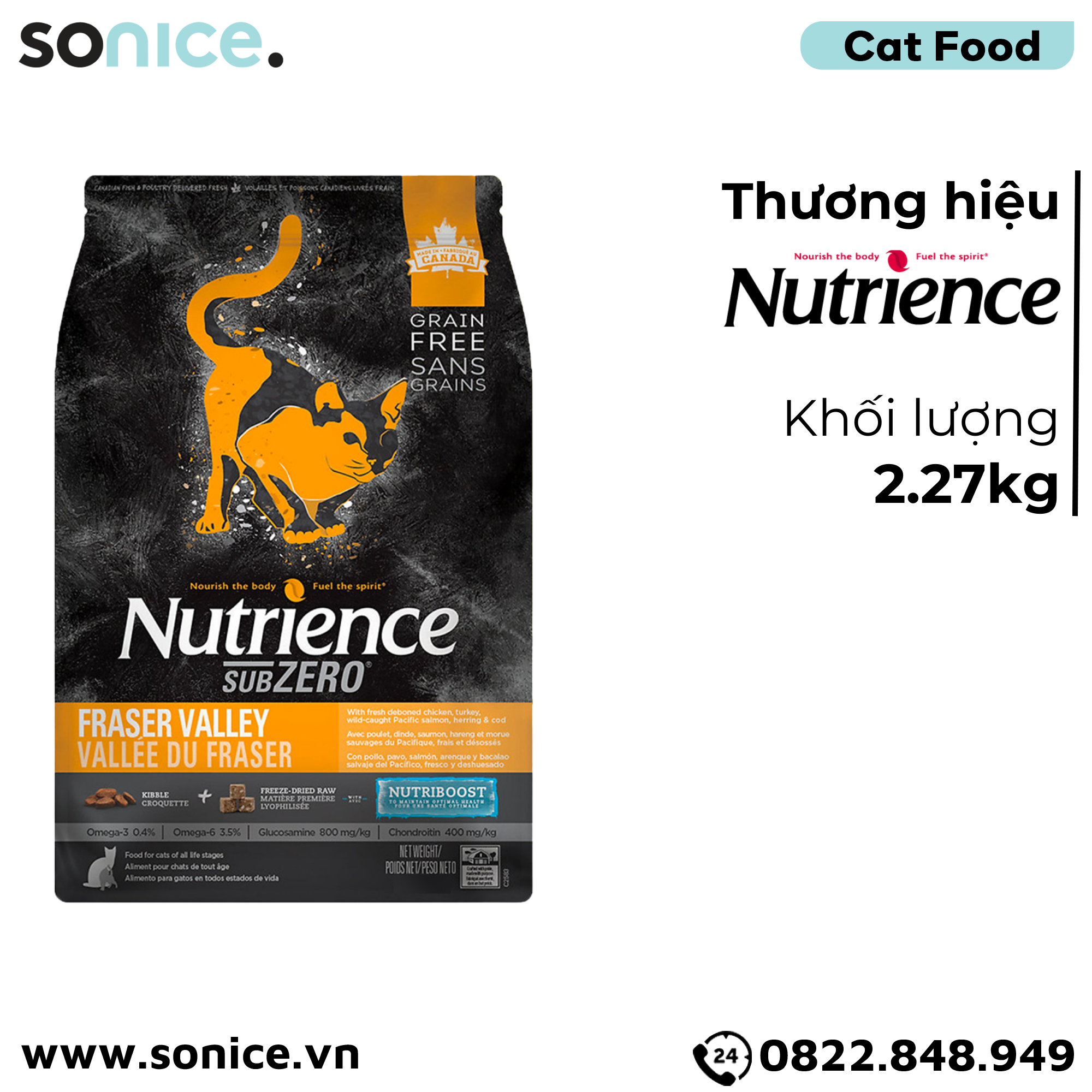 Thức ăn mèo Nutrience SubZero gà tây cá hồi rau củ 2.27kg SONICE.