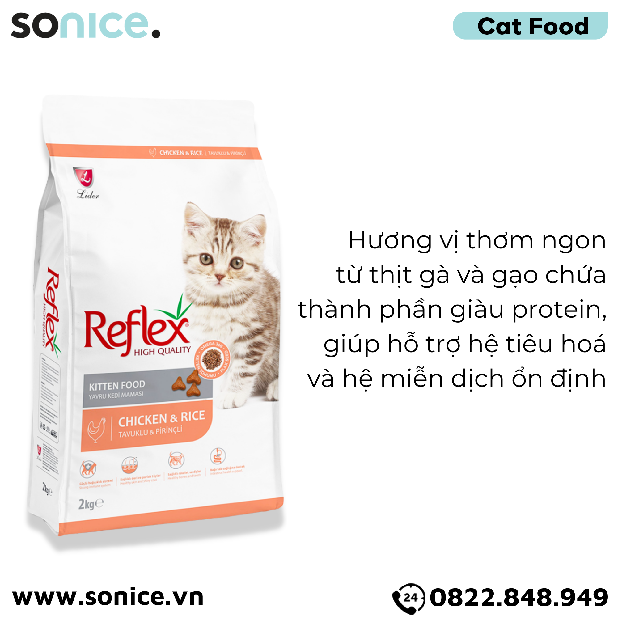 Thức ăn mèo Reflex Chicken & Rice Kitten 2kg - Dành cho mèo con, vị thịt gà và gạo SONICE.