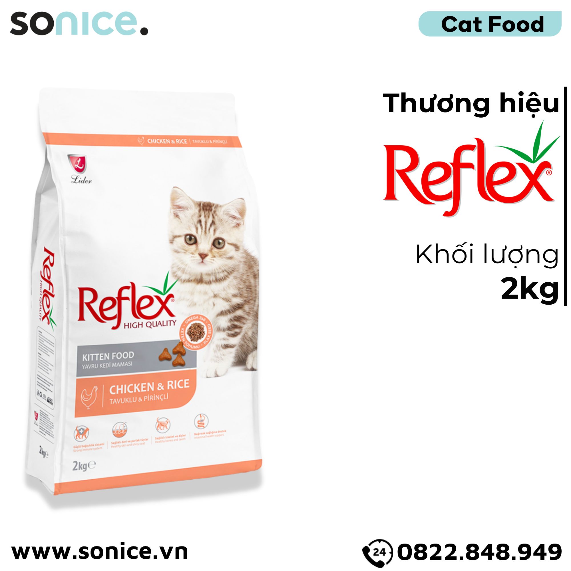Thức ăn mèo Reflex Chicken & Rice Kitten 2kg - Dành cho mèo con, vị thịt gà và gạo SONICE.
