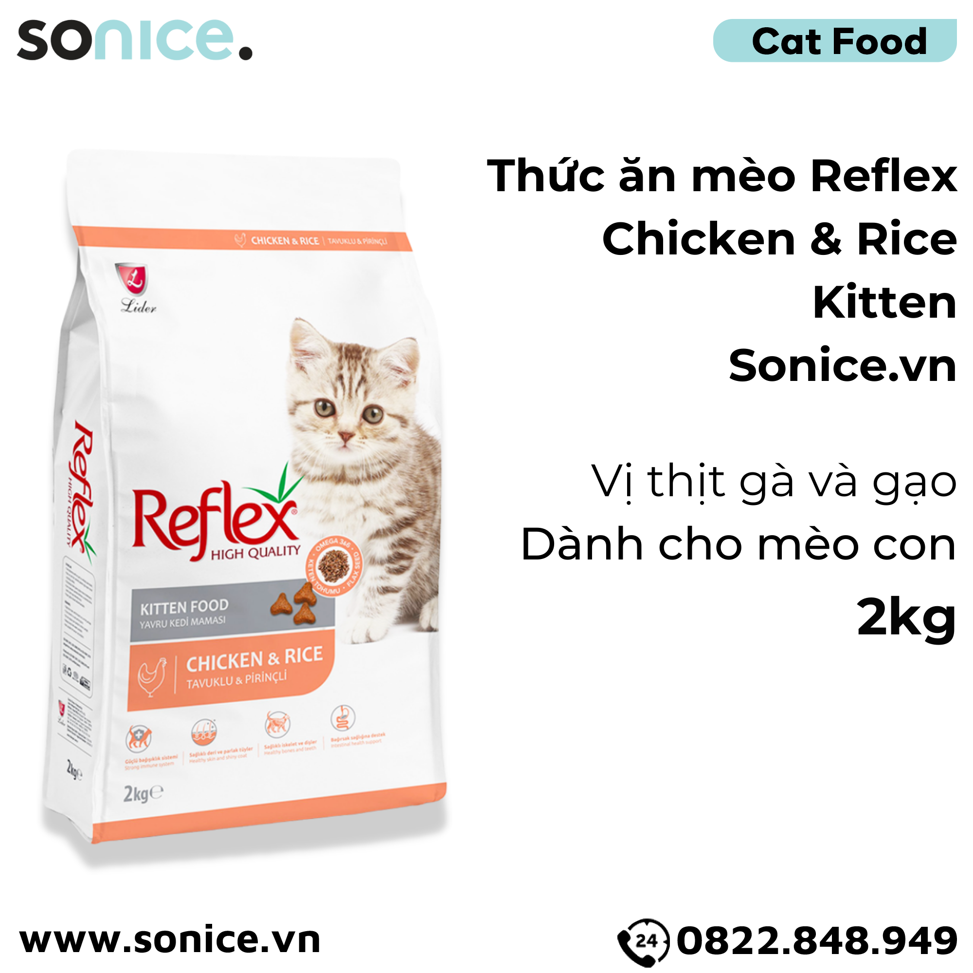 Thức ăn mèo Reflex Chicken & Rice Kitten 2kg - Dành cho mèo con, vị thịt gà và gạo SONICE.