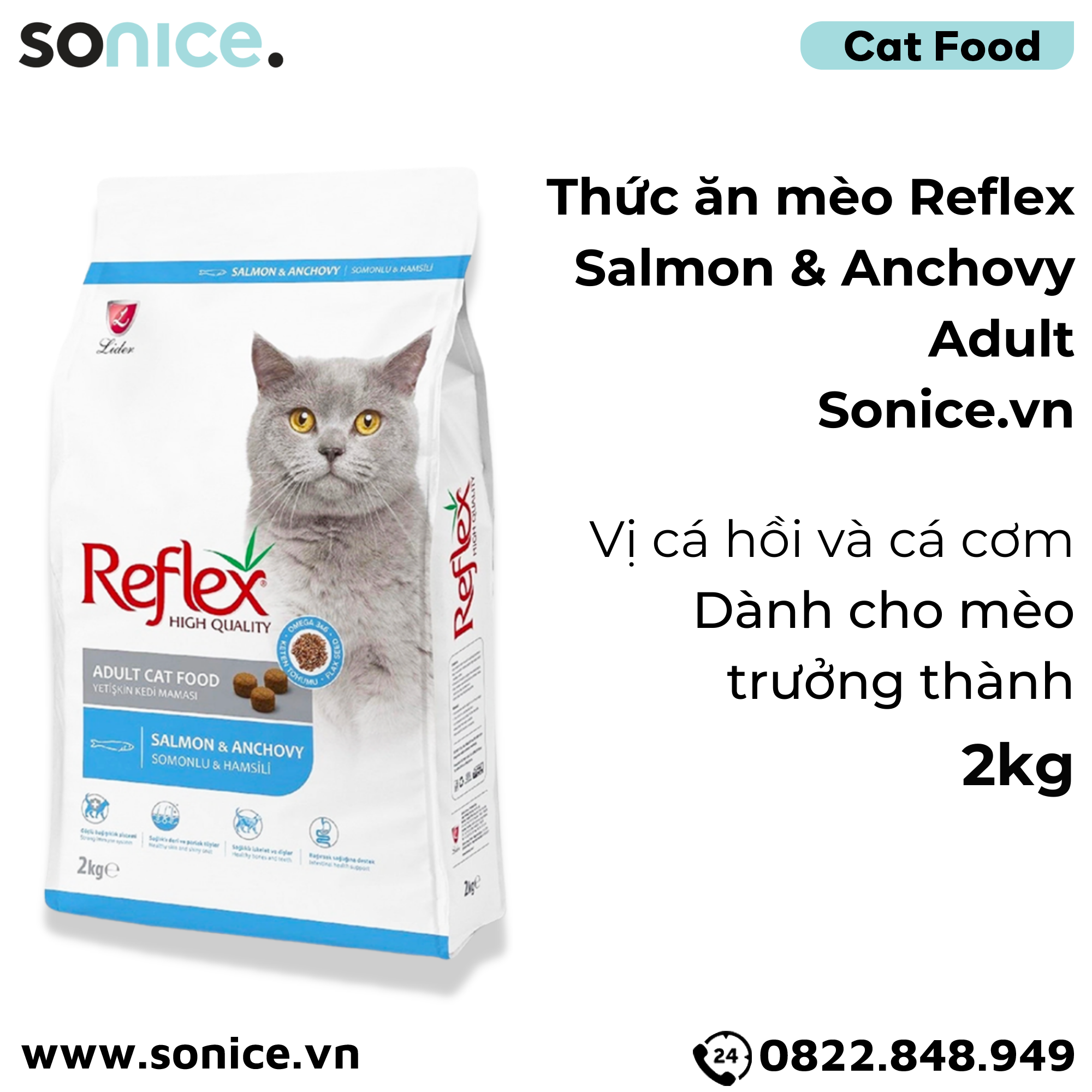 Thức ăn mèo Reflex Salmon & Anchovy Adult 2kg - Dành cho mèo trưởng thành, vị cá hồi và cá cơm SONICE.