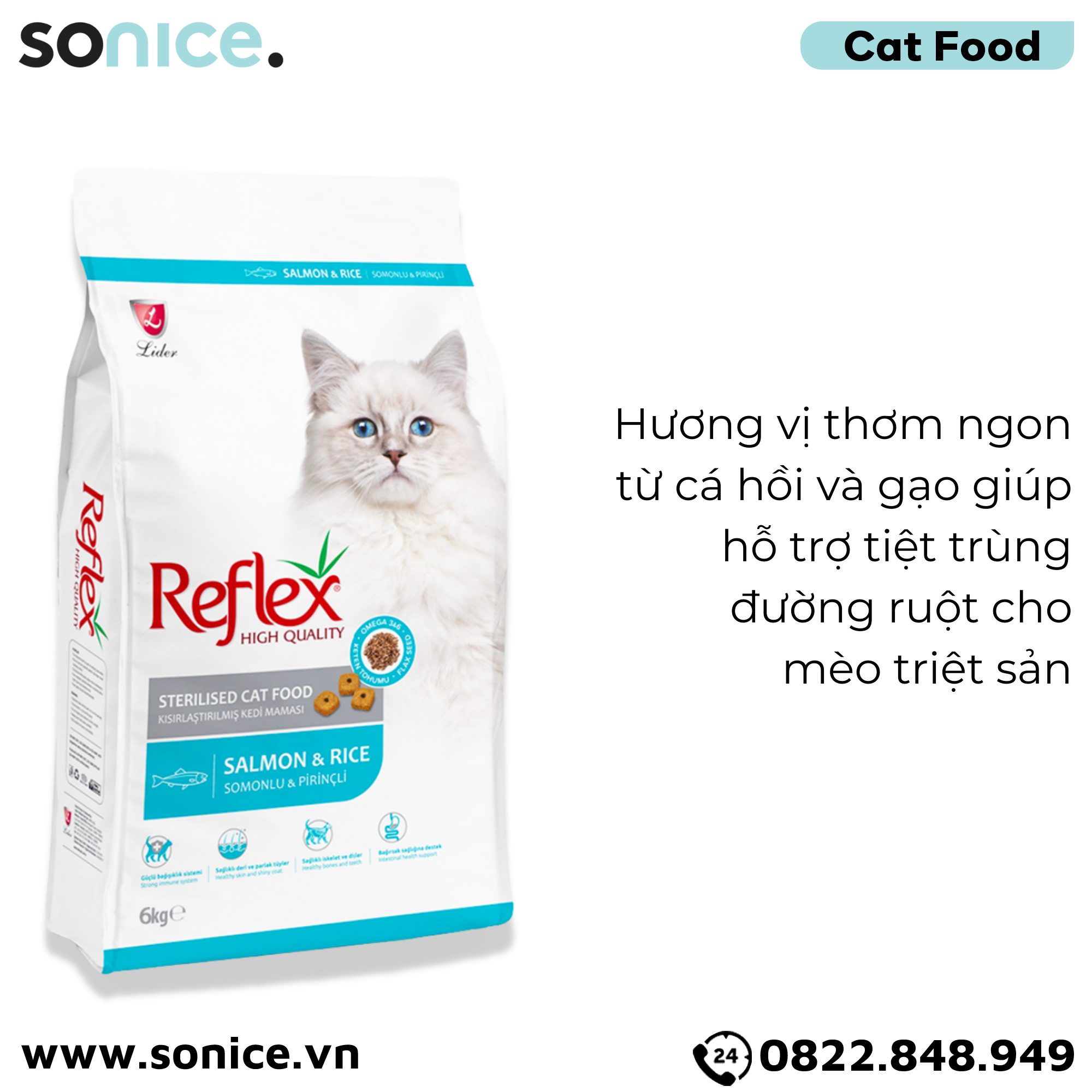 Thức ăn mèo Reflex Salmon & Rice Sterilised 6kg - Dành cho mèo triệt sản, vị cá hồi và gạo SONICE.