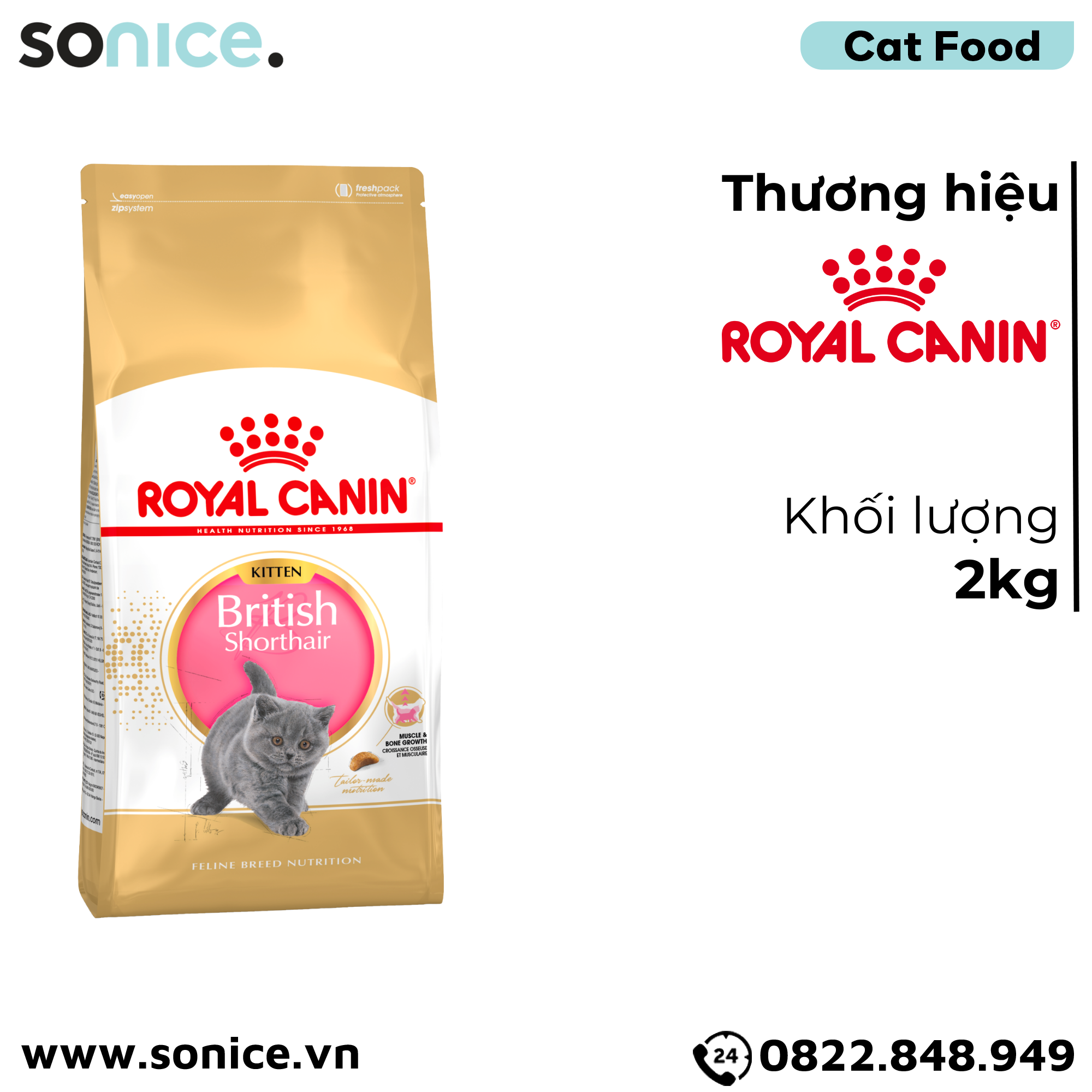Thức ăn mèo Royal Canin British Shorthair Kitten 2kg - mèo Anh lông ngắn SONICE.