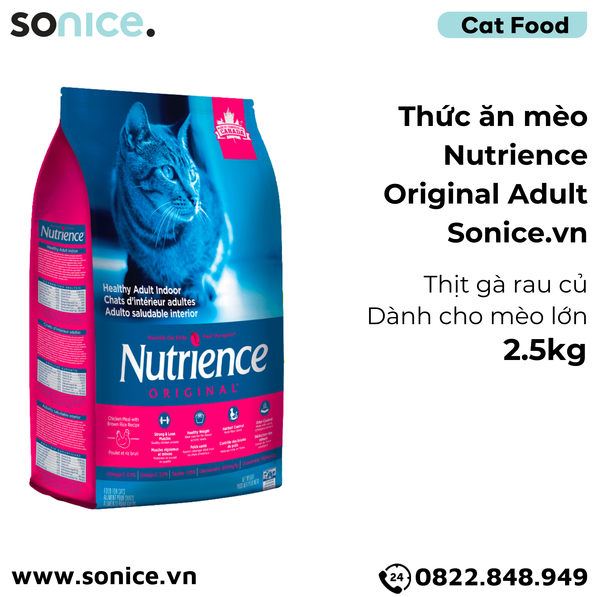 Thức ăn mèo Nutrience Original Adult thịt gà rau củ 2.5kg - Mèo lớn SONICE.