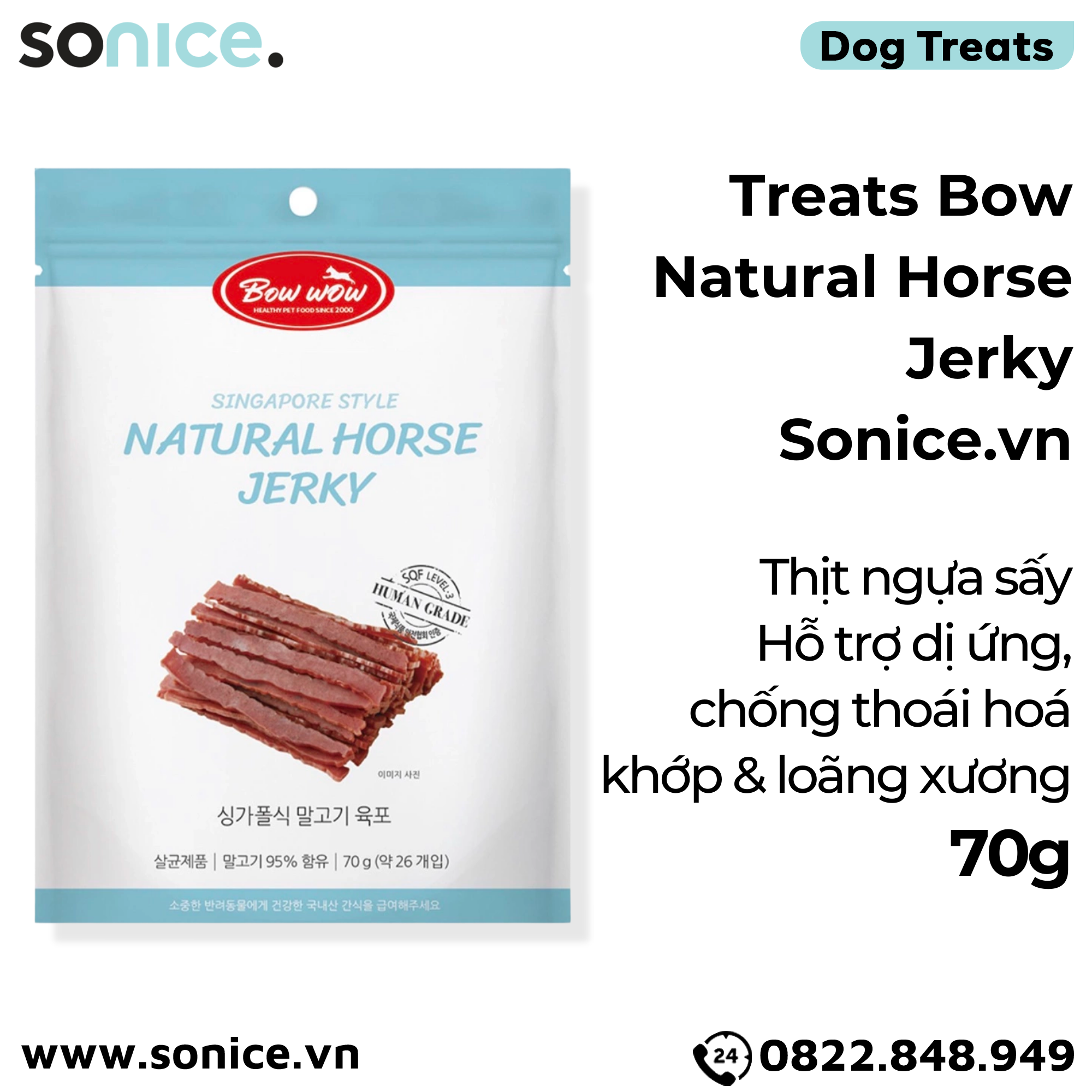 Treats Bow Natural Horse Jerky 70g - Thịt ngựa sấy, hỗ trợ dị ứng, chống thoái hoá khớp và loãng xương SONICE.