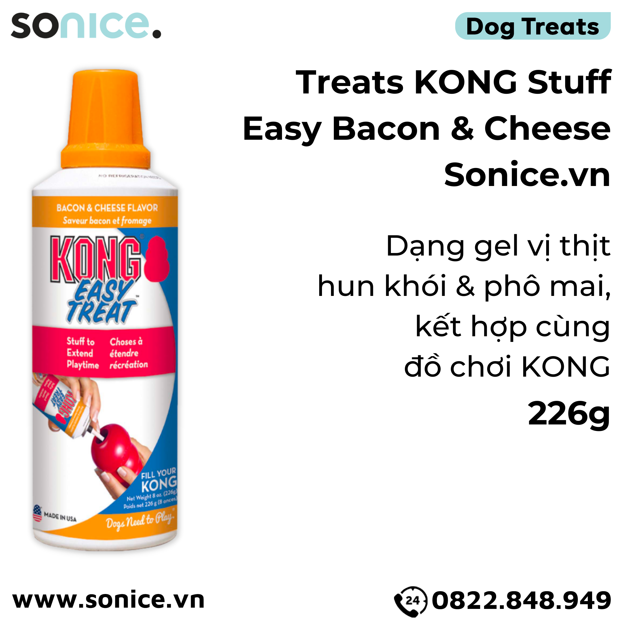 Treats Kong Stuff Easy Bacon & Cheese 226g - dạng gel vị thịt hun khói & phô mai, kết hợp cùng đồ chơi KONG SONICE.
