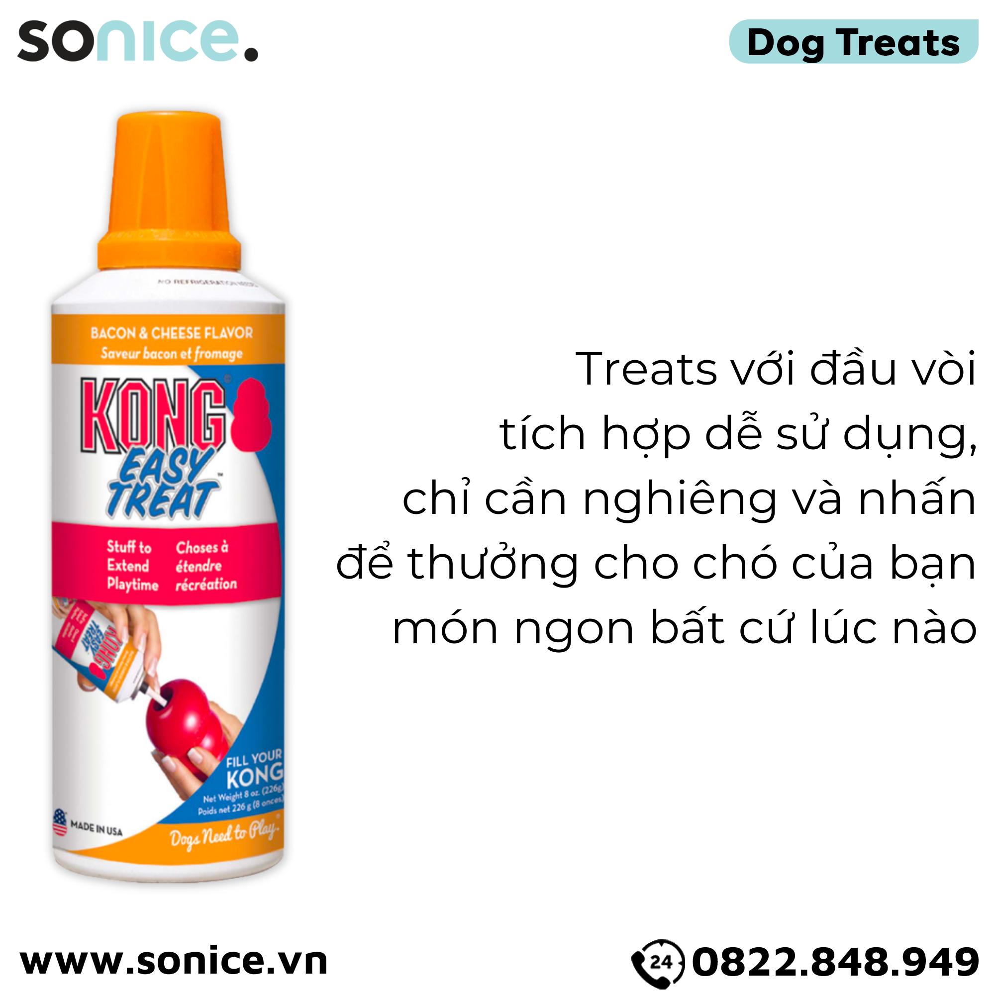 Treats Kong Stuff Easy Bacon & Cheese 226g - dạng gel vị thịt hun khói & phô mai, kết hợp cùng đồ chơi KONG SONICE.