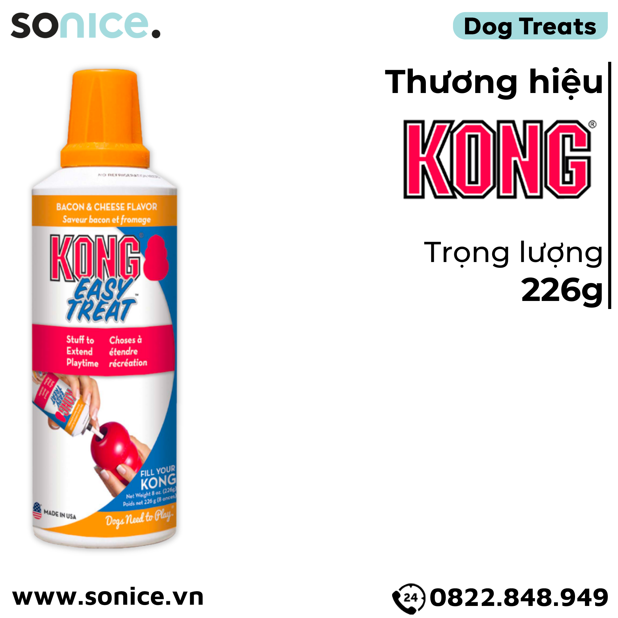 Treats Kong Stuff Easy Bacon & Cheese 226g - dạng gel vị thịt hun khói & phô mai, kết hợp cùng đồ chơi KONG SONICE.
