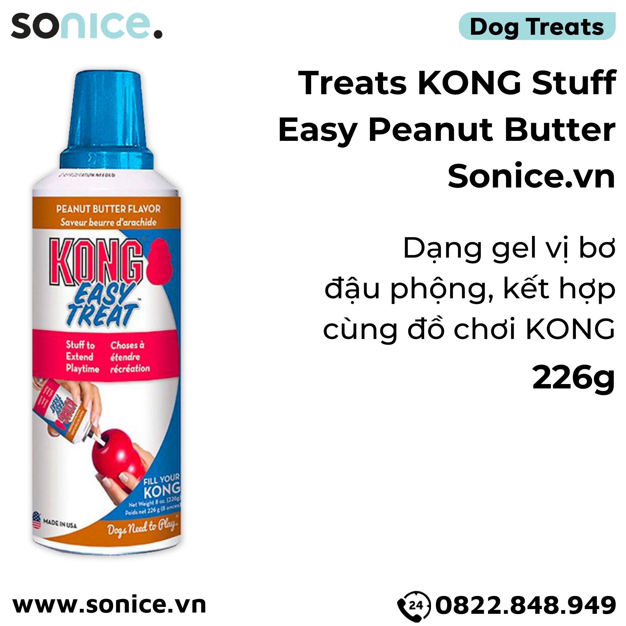 Treat Kong Stuff Easy Peanut Butter 226g - dạng gel vị bơ đậu phộng, kết hợp cùng đồ chơi KONG SONICE.