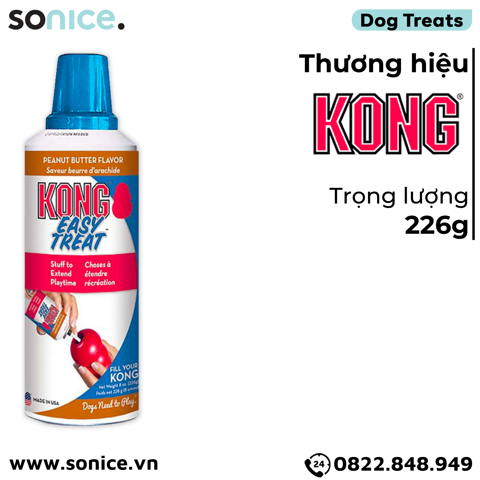 Treat Kong Stuff Easy Peanut Butter 226g - dạng gel vị bơ đậu phộng, kết hợp cùng đồ chơi KONG SONICE.