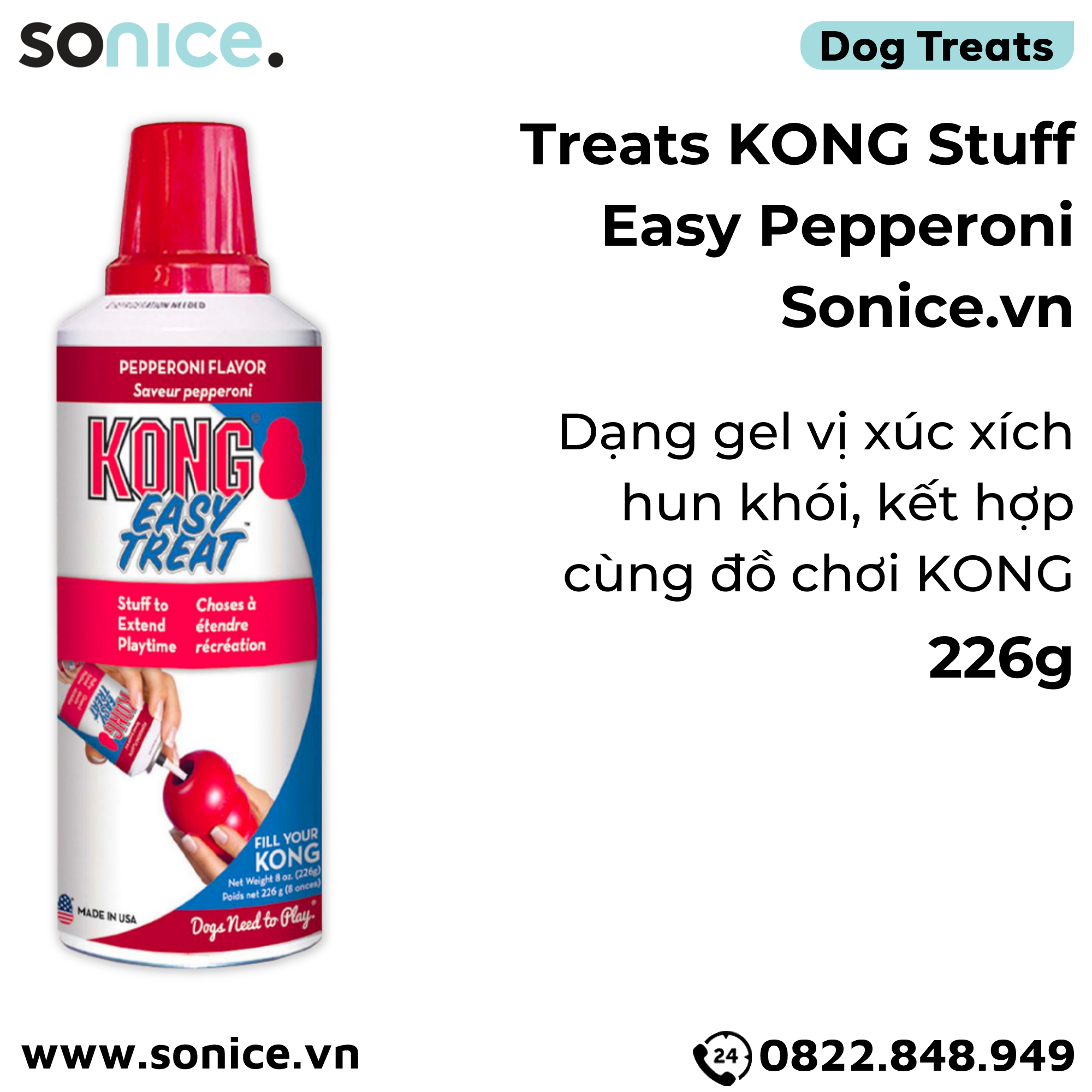Treats Kong Stuff Easy Pepperoni 226g - dạng gel vị xúc xích hun khói, kết hợp cùng đồ chơi KONG SONICE.
