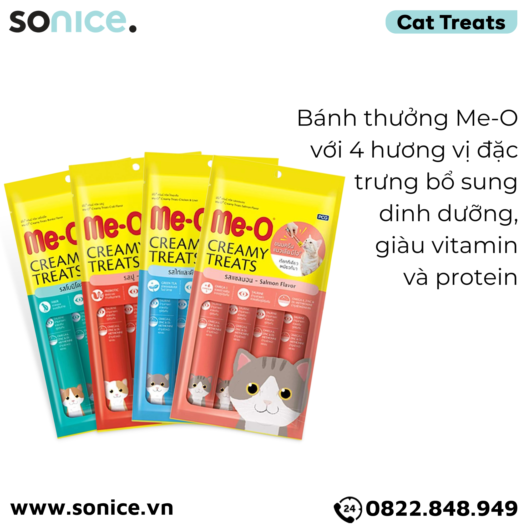 COMBO BÁNH THƯỞNG DẠNG KEM ME-O- 4 VỊ- 48 GÓI SONICE.