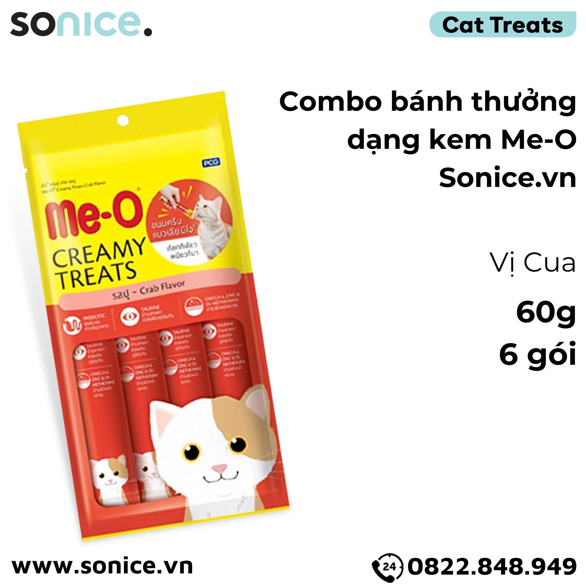 BÁNH THƯỞNG DẠNG KEM ME-O - HƯƠNG VỊ CUA - 60G - 6 góI SONICE.