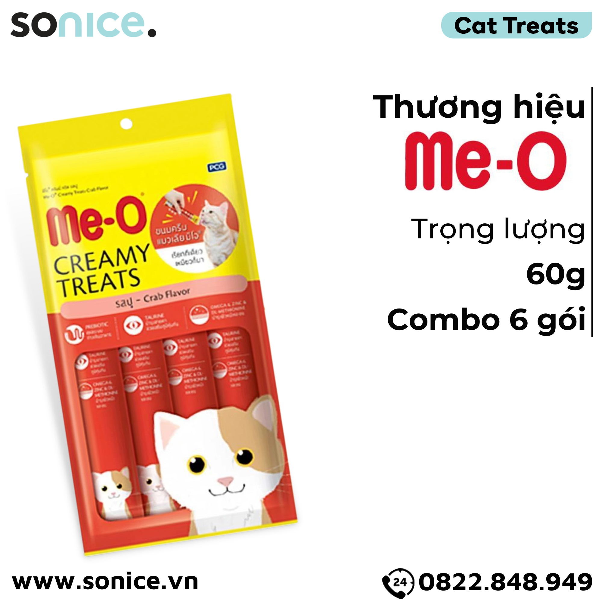 BÁNH THƯỞNG DẠNG KEM ME-O - HƯƠNG VỊ CUA - 60G - 6 góI SONICE.