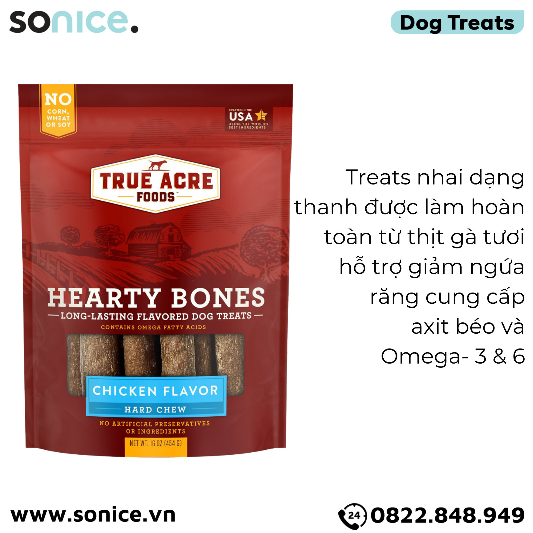 Treats TRUE ACRE Hearty Bones Chicken Flavor Hard Chew 454g - Thị gà, bổ sung Omega-3 SONICE.