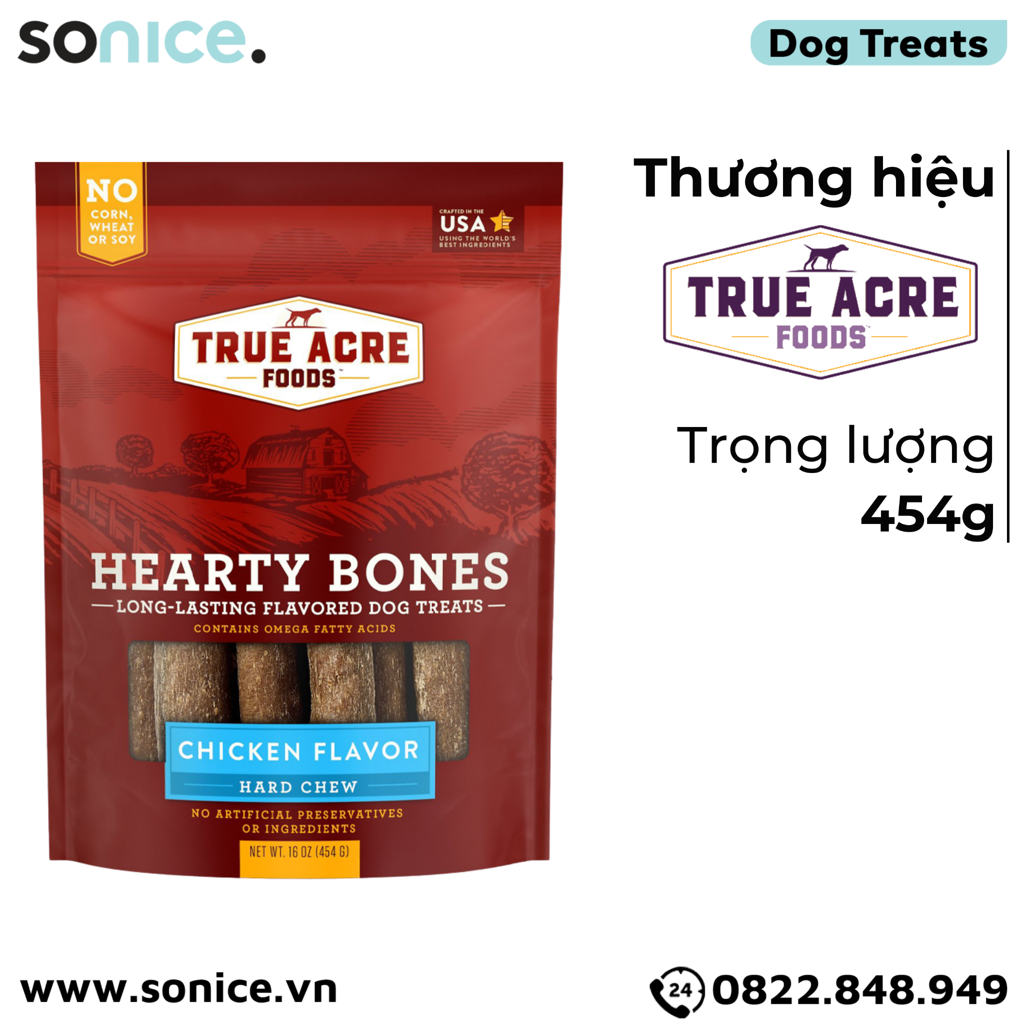 Treats TRUE ACRE Hearty Bones Chicken Flavor Hard Chew 454g - Thị gà, bổ sung Omega-3 SONICE.
