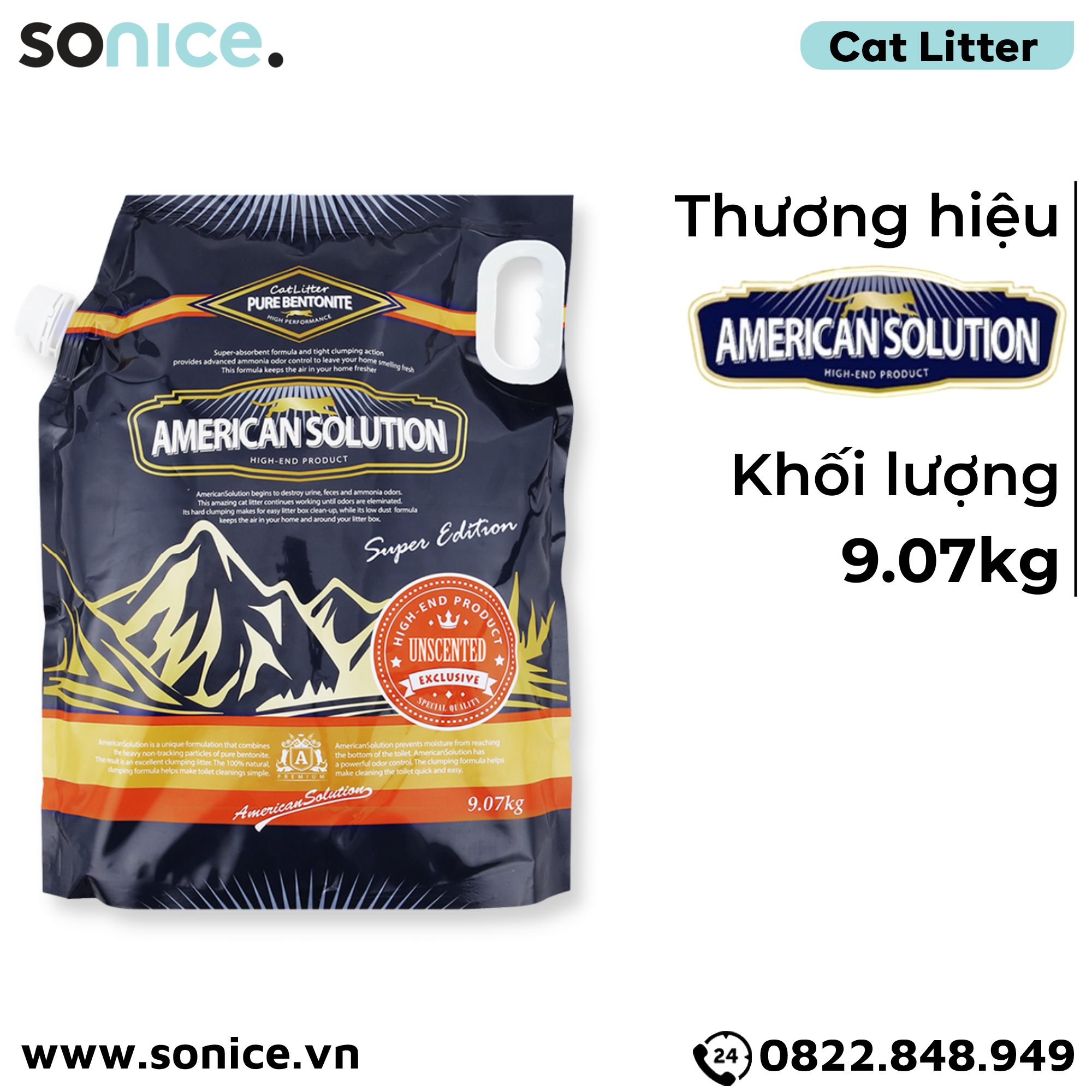 Cát vệ sinh American Solution Unscented 9kg - Không mùi SONICE.