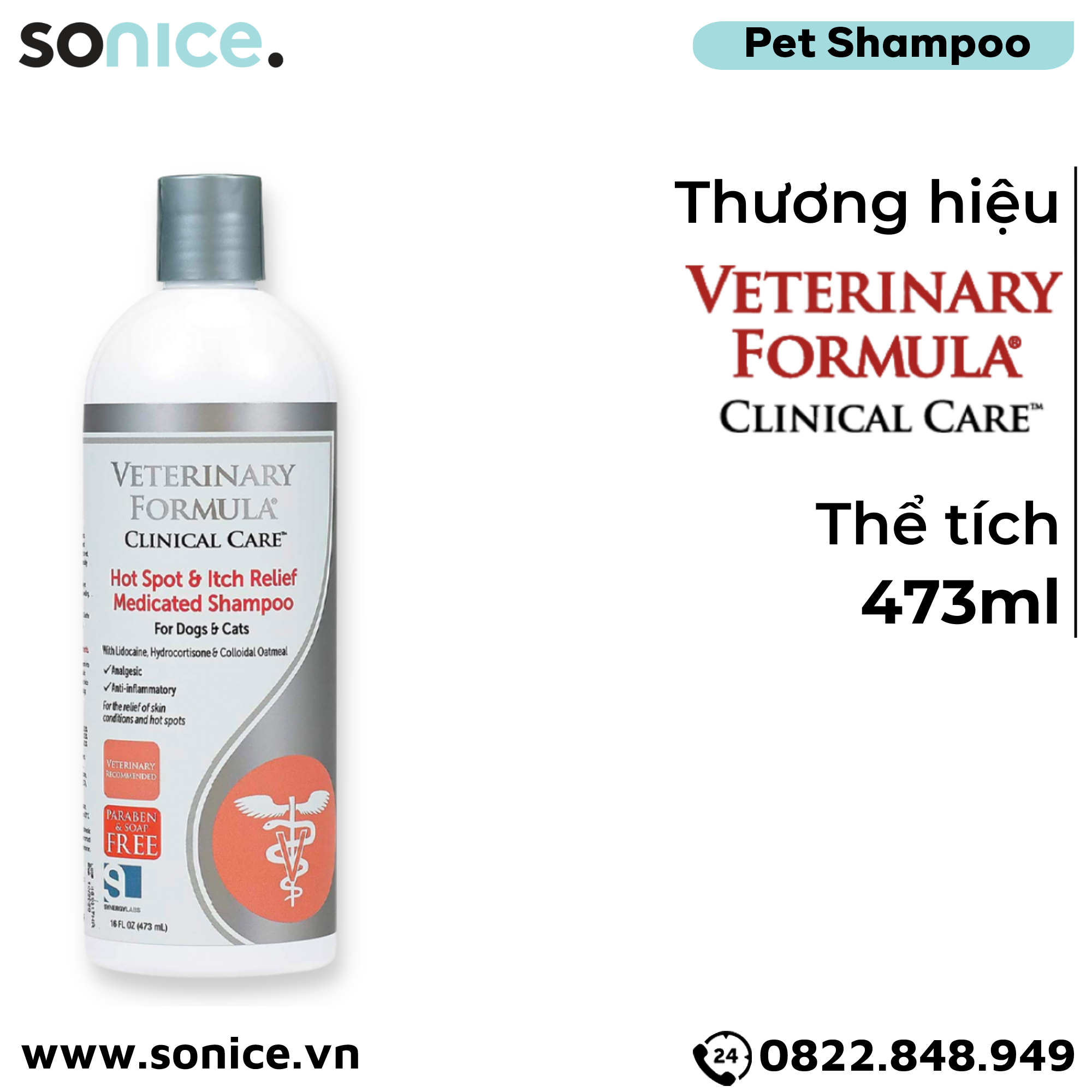 Sữa tắm Veterinary Clinical Care Hot Spot & Itch Relief Shampoo 473ml - trị mẩn đỏ và ngứa cấp tốc cho chó mèo SONICE.
