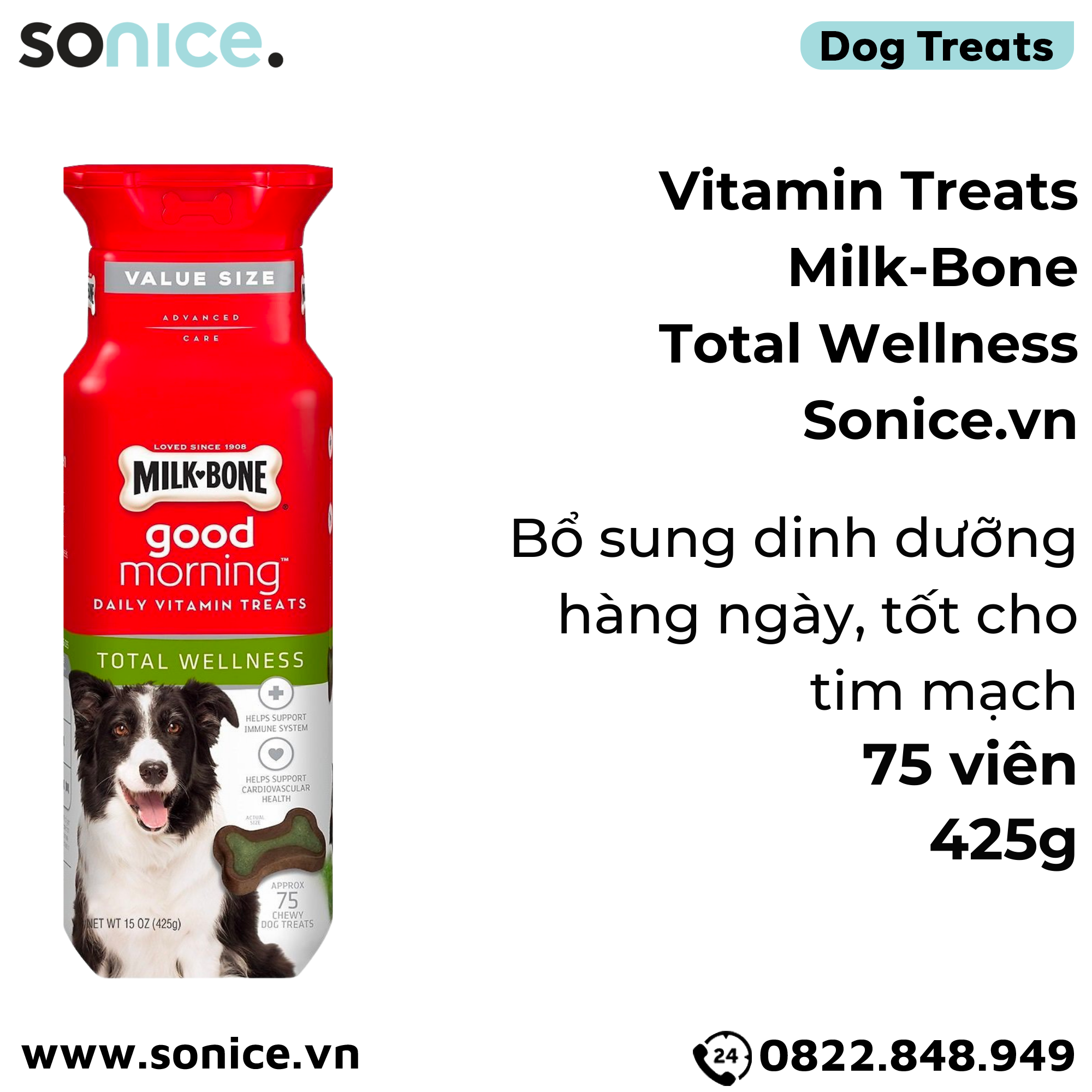 Vitamin Treats Milk-Bone Total Wellness 75 viên - 425g - bổ sung dinh dưỡng hằng ngày, tốt cho tim mạch SONICE.